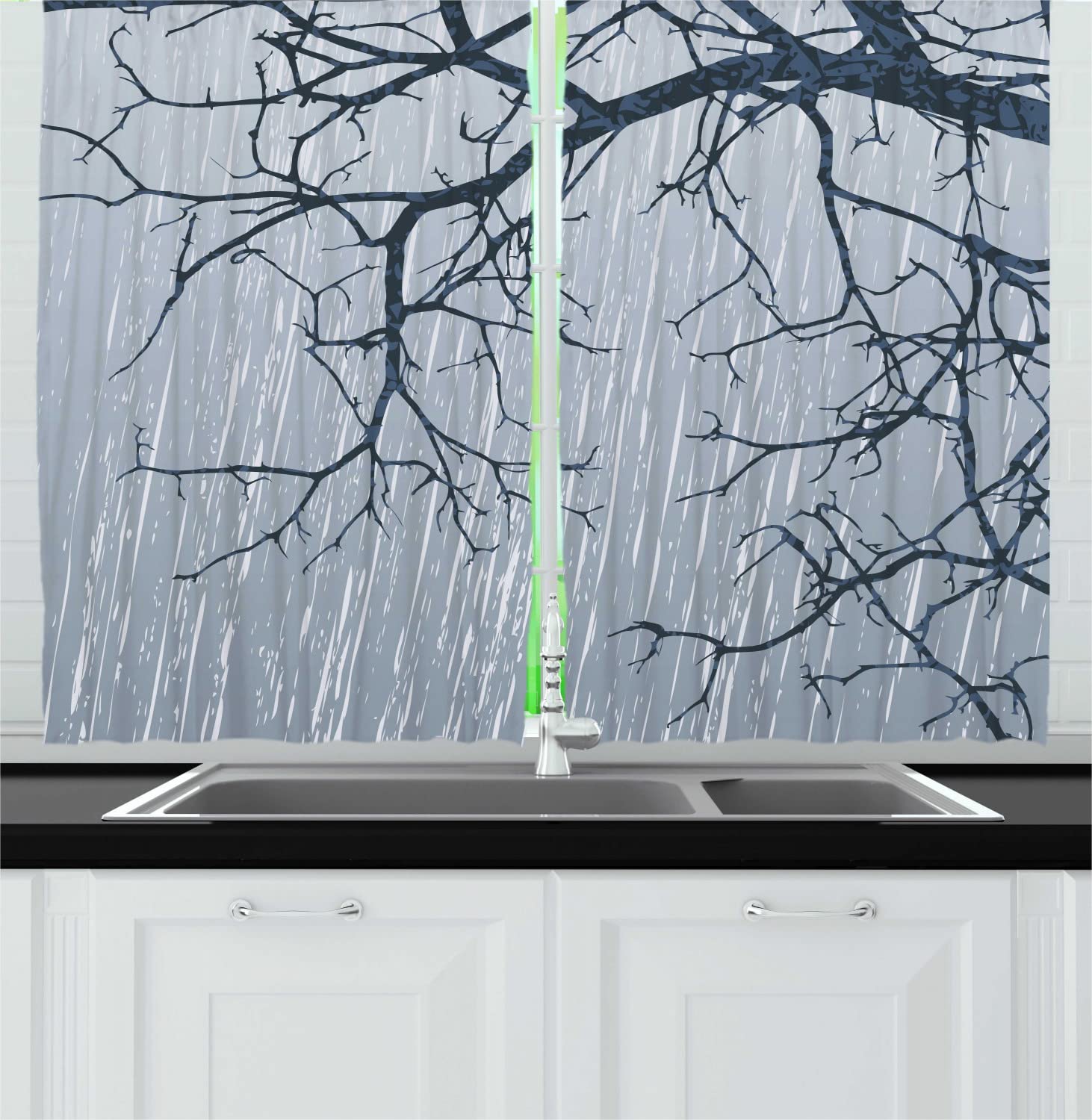 Ambesonne Grey Long Kitchen Curtains - Winter Bare Branches Stormy Day Art Print Drapes, 55