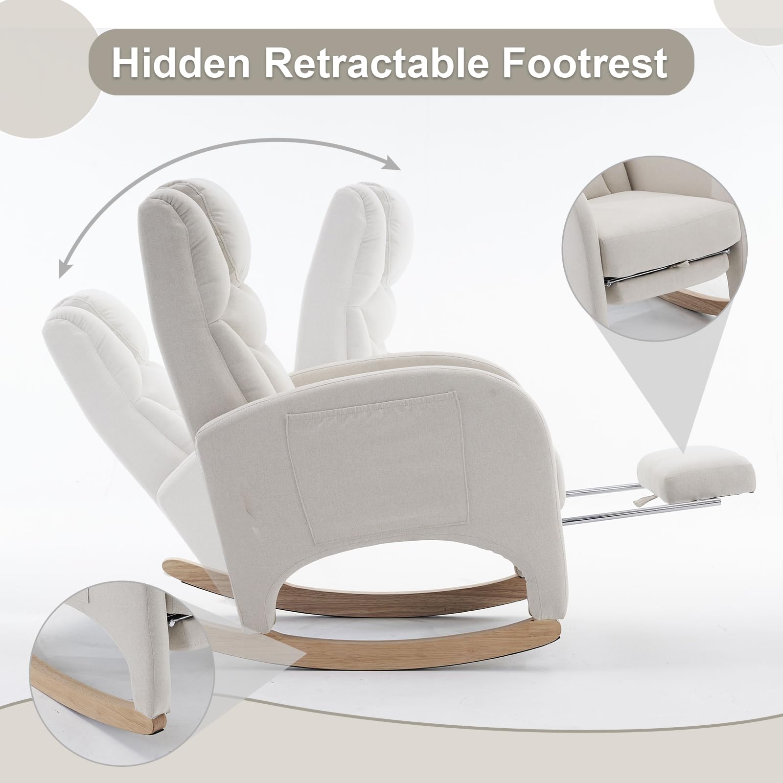 Comfy Cotton Linen Nursery Rocking Chair with Adjustable Footrest & High Backrest - Glider Rocking Armchair for Nursery, Bedroom or Living Room - Beige Accent Chair for Breastfeeding, Reading & Relaxing