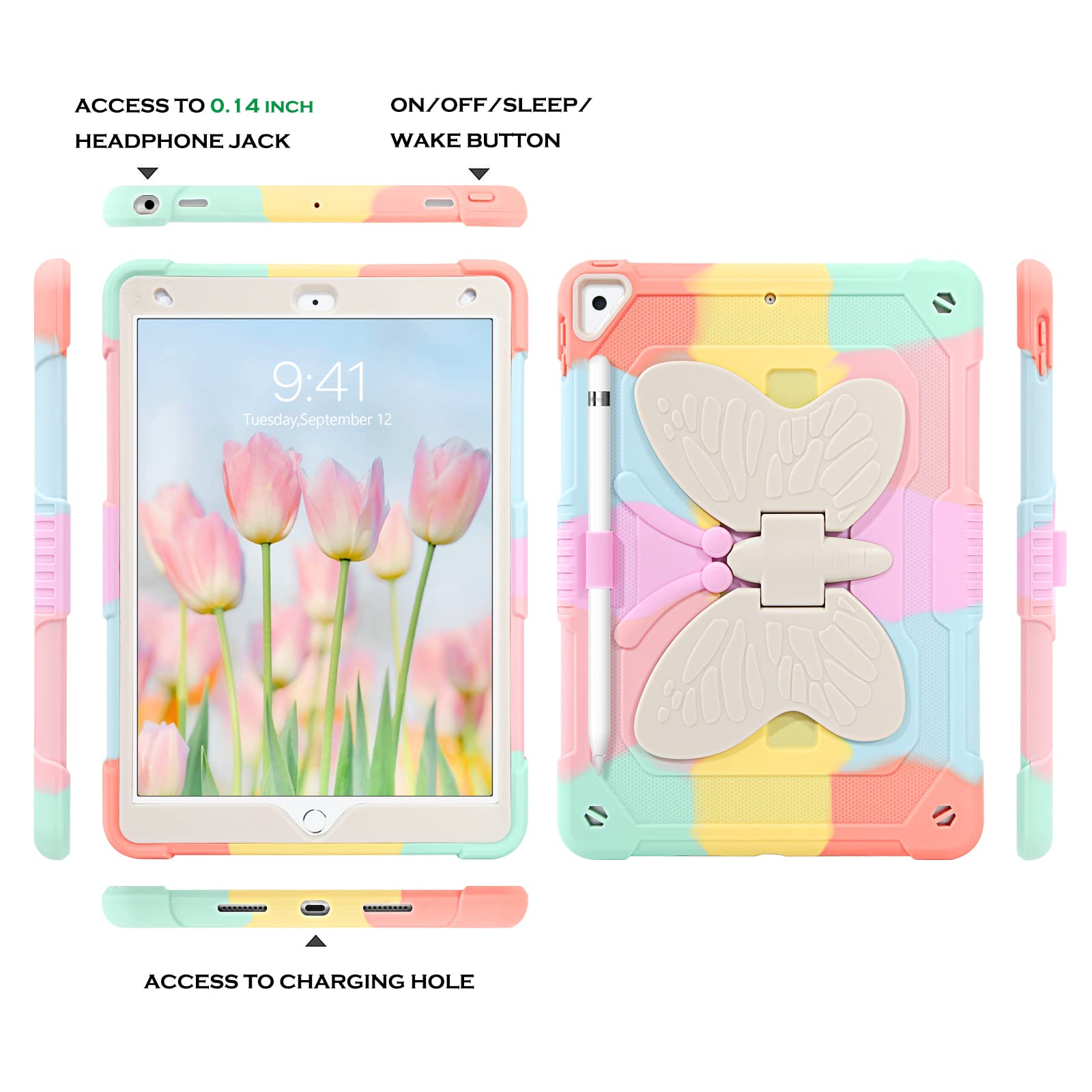 YINLAI iPad 9th/8th/7th Generation Case & iPad Air 3 Case - 10.2 Inch Shockproof Protective Cover with Kickstand & Pencil Holder | Cute Butterfly Design for Girls, Kids & Women | Perfect for School, Work & Travel (Colorful Pink)