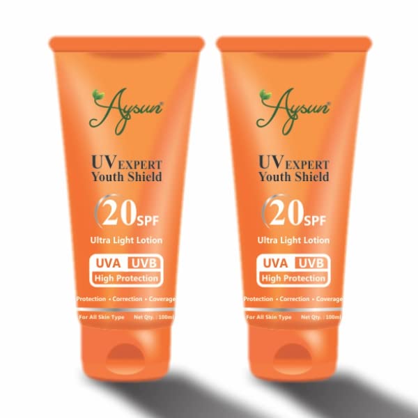 Aysun UV Expert Youth Shield SPF 20 Ultra Light Lotion - 2 Pack | Daily Face Moisturizer with Sun Protection for Sensitive Skin | Perfect for Outdoor Activities & Travel