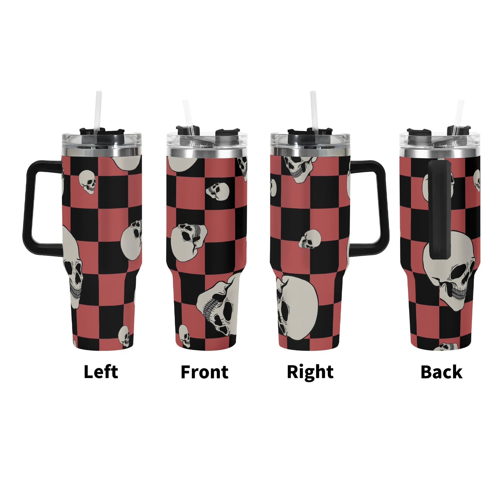 Checkers and Skulls 40 oz Insulated Tumbler with Handle and Straw Lid - Double Wall Stainless Steel Travel Mug for Hot & Cold Drinks - Perfect for Camping, Office, Gym, and Outdoor Adventures
