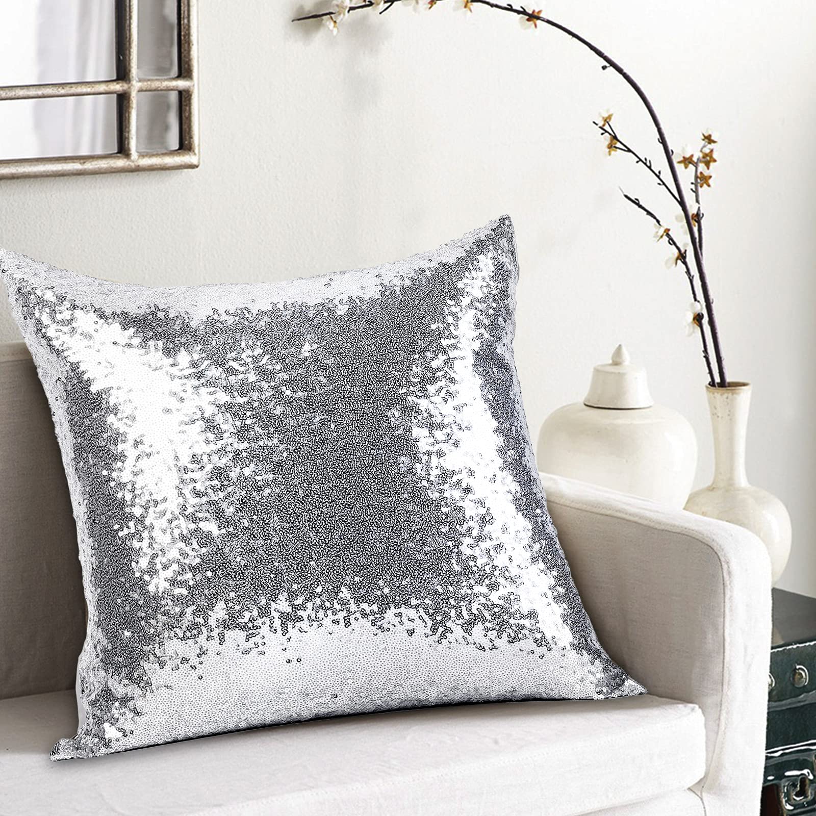 2PCS Silver Sequin Decorative Throw Pillows 18x18 Inch - Glitter Square Solid Pillow Covers with Hidden Zipper for Home, Bedroom, Living Room, Wedding & Party Decor - Perfect for Sofa, Couch and Home Styling