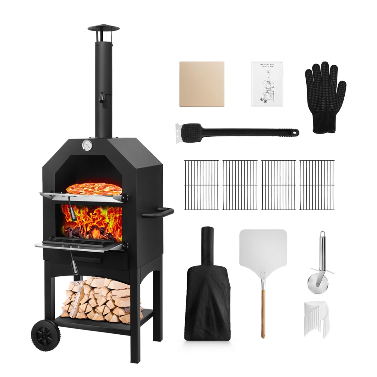 Portable Wood Fired Pizza Oven for Outdoor Cooking - Stainless Steel Backyard Pizza Maker with Pizza Stone, Peel, Grill Rack & Waterproof Cover - Perfect for Camping, Patio Parties & Garden BBQs