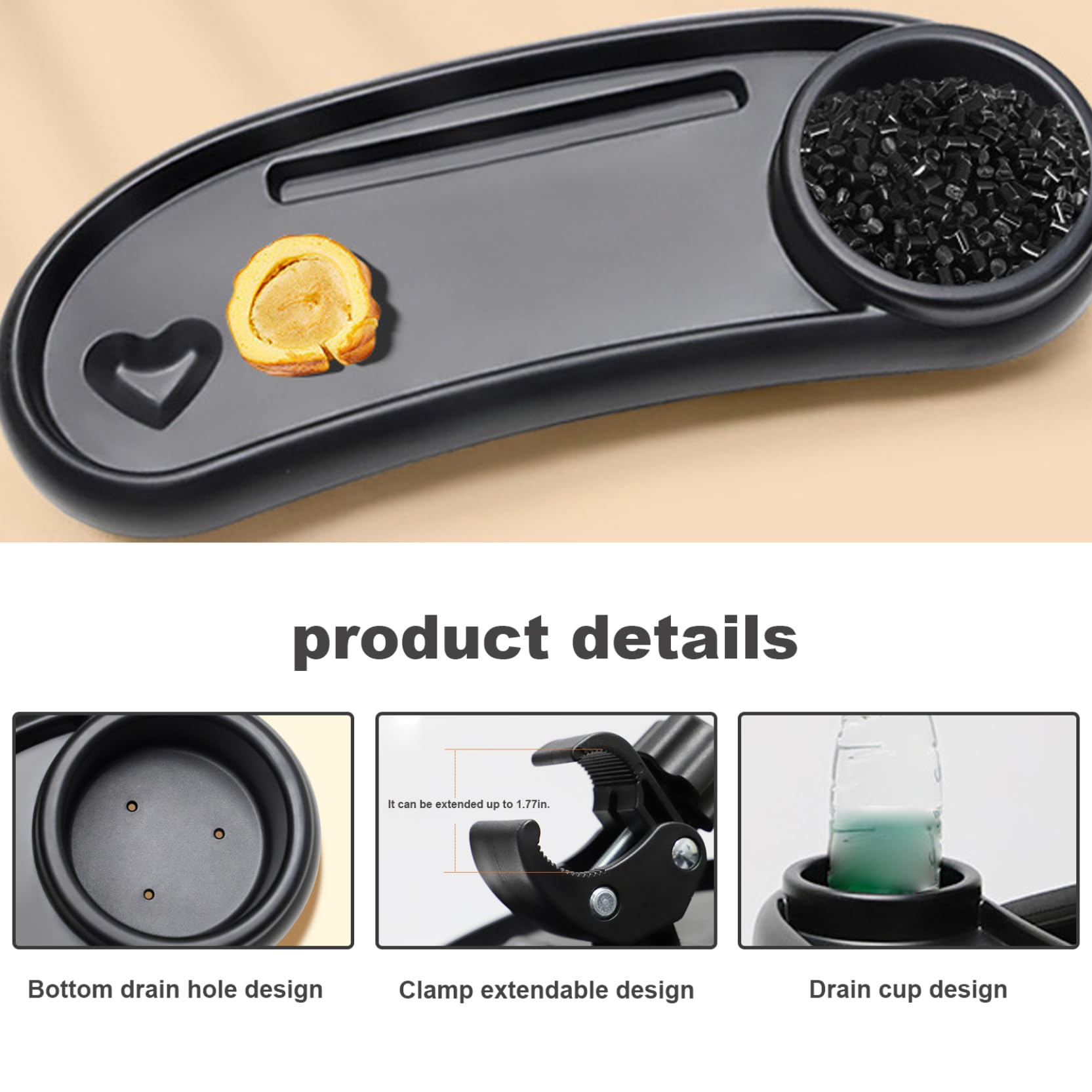 Universal Stroller Snack Tray with Cup Holder & Phone Pocket - Removable, Reusable Baby Pram Food Tray with Non-Slip Grip Clip for Stroller Bars (Black) - Perfect for On-the-Go Snacking, Park Outings & Stroller Walks