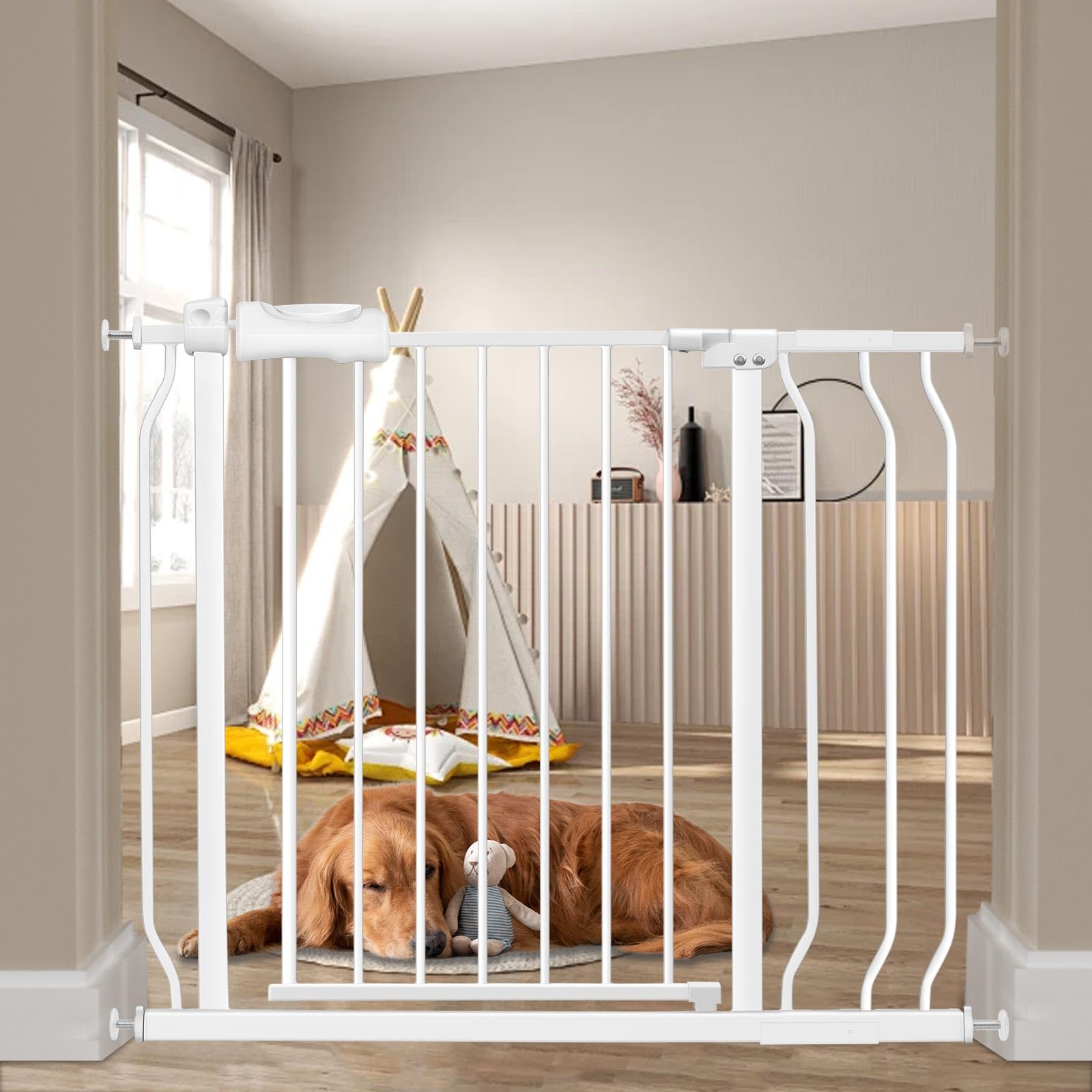 BELABB Extra Wide Pressure Mounted Baby Gate - 33.8 to 38.5 Inch Adjustable White Metal Safety Gate for Stairs, Doorways, Hallways - Secure Indoor Pet & Dog Barrier for Homes with Toddlers