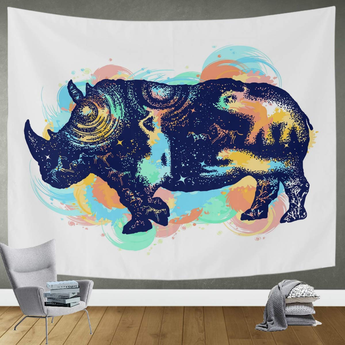 DOMIKING Rhinoceros Tapestry Wall Hanging - 80x60 Inch Colorful Hippie Tattoo Art for Bedroom, Living Room & Dorm Decor | Perfect for Boho Home Decor, Yoga Studio & Festival Backdrop