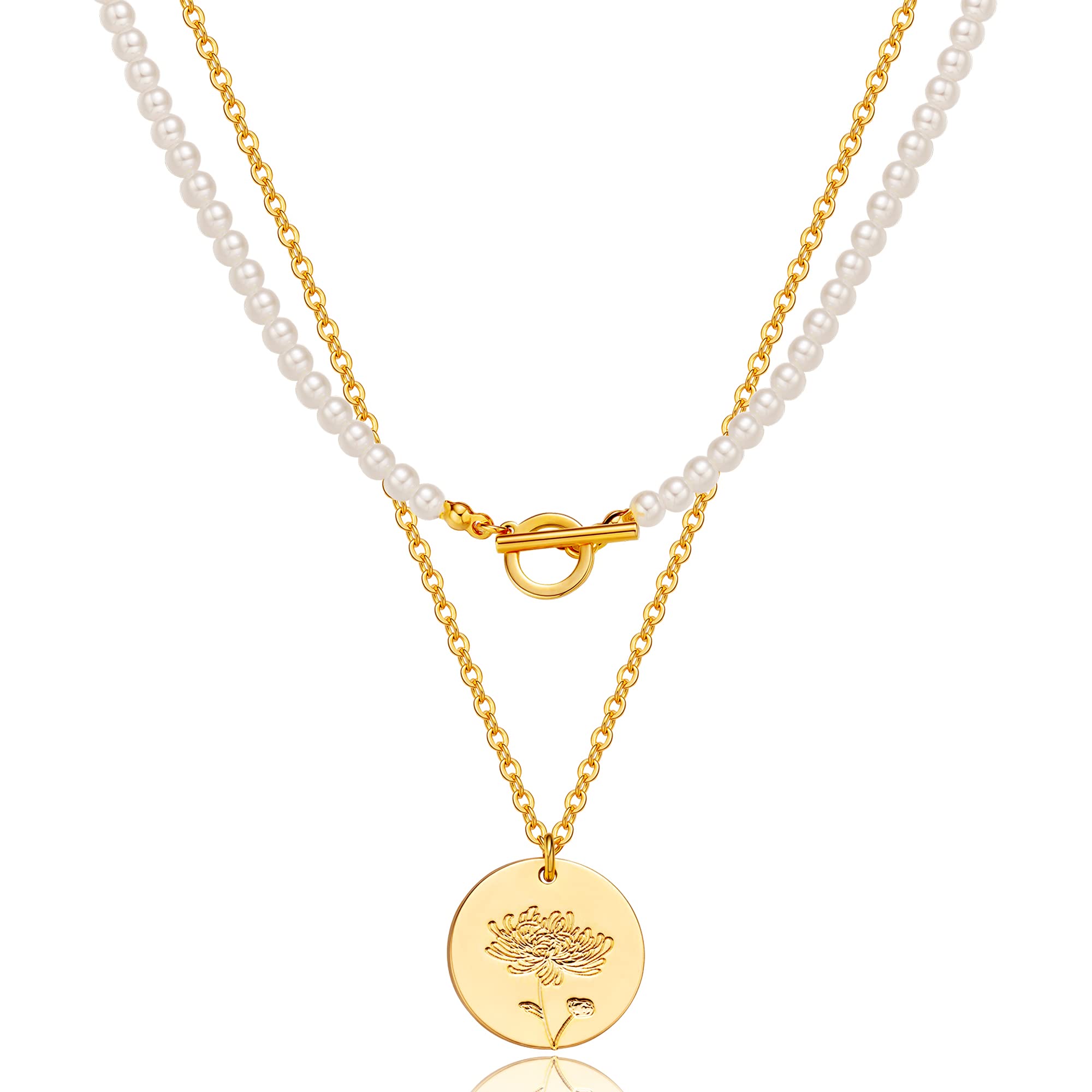 MOODEAR Birth Flower Layered Necklace for Women - 18K Gold Choker & Pearl Necklace Set with Gold Coin Charm Pendant - Elegant Layering Jewelry for Teen Girls & Women - Perfect for Birthday Gifts, Anniversaries and Everyday Wear
