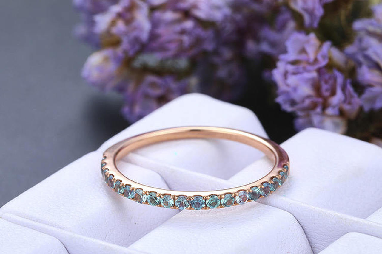 14K Rose Gold Alexandrite Wedding Band - Stackable Round Cut Green Alexandrite Ring with Petite Pave Setting | Bridal Matching Ring, Anniversary Gift for Her, Perfect for Engagement, Stacking or Special Occasions