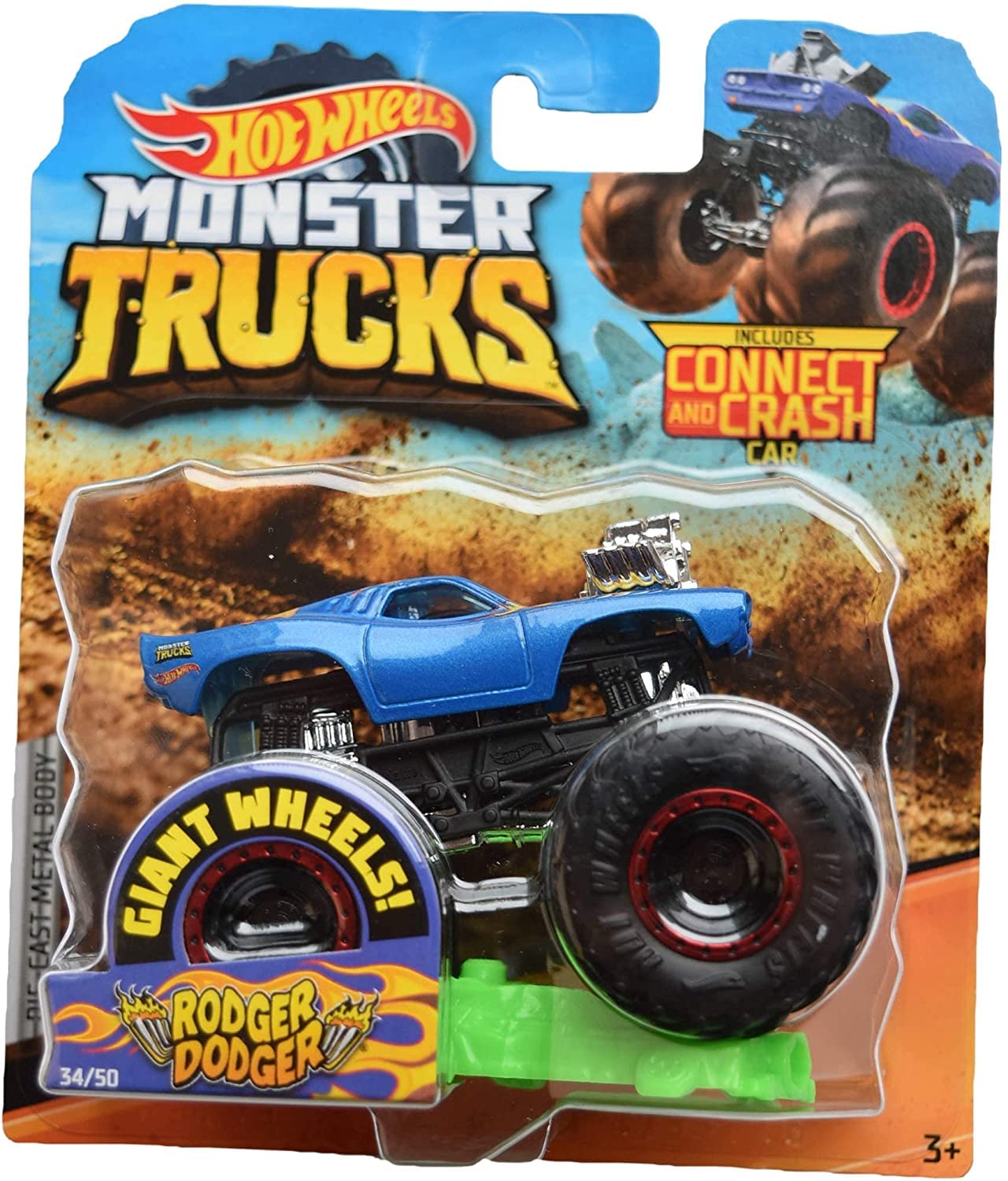 Hot Wheels Monster Jam 1:64 Scale Rodger Dodger Die-Cast Car with Blue Giant Wheels & Connect and Crash Feature - Collectible Toy for Kids, Perfect for Playtime, Racing Battles and Display