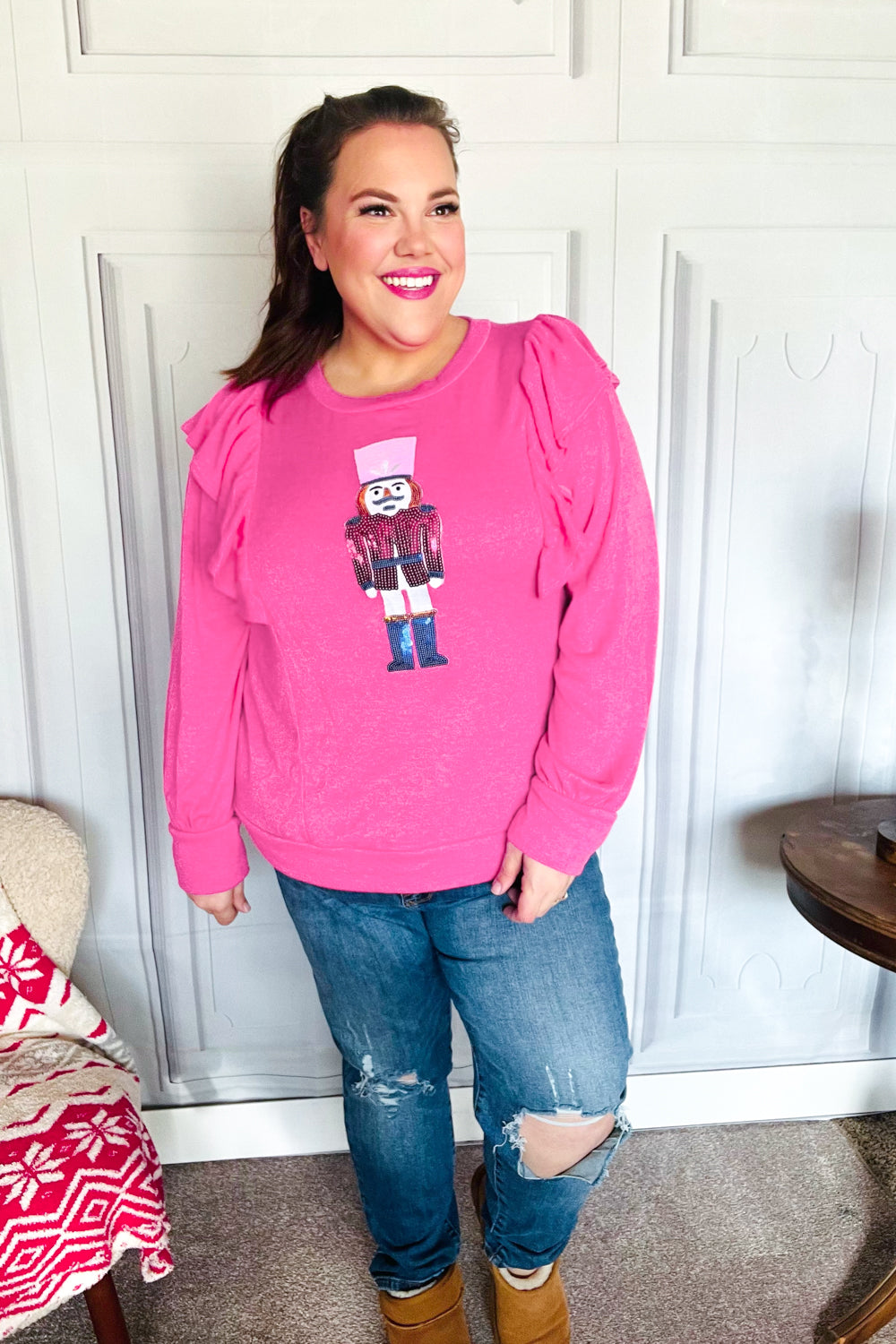 Festive Hot Pink Sequin Nutcracker Christmas Sweater with Ruffle Hacci Knit - Perfect for Holiday Parties, Ugly Sweater Contests & Winter Gatherings