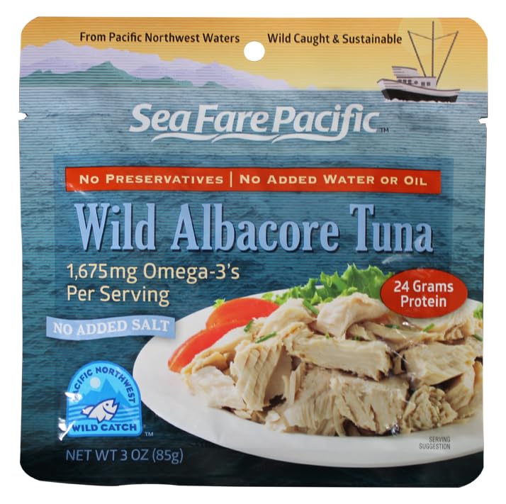 Premium Wild Caught Albacore Tuna - No Salt Added, Sport Pouch (12 Pack) | Healthy Protein Source for Salads, Sandwiches & Keto Meals | Sea Fare Pacific