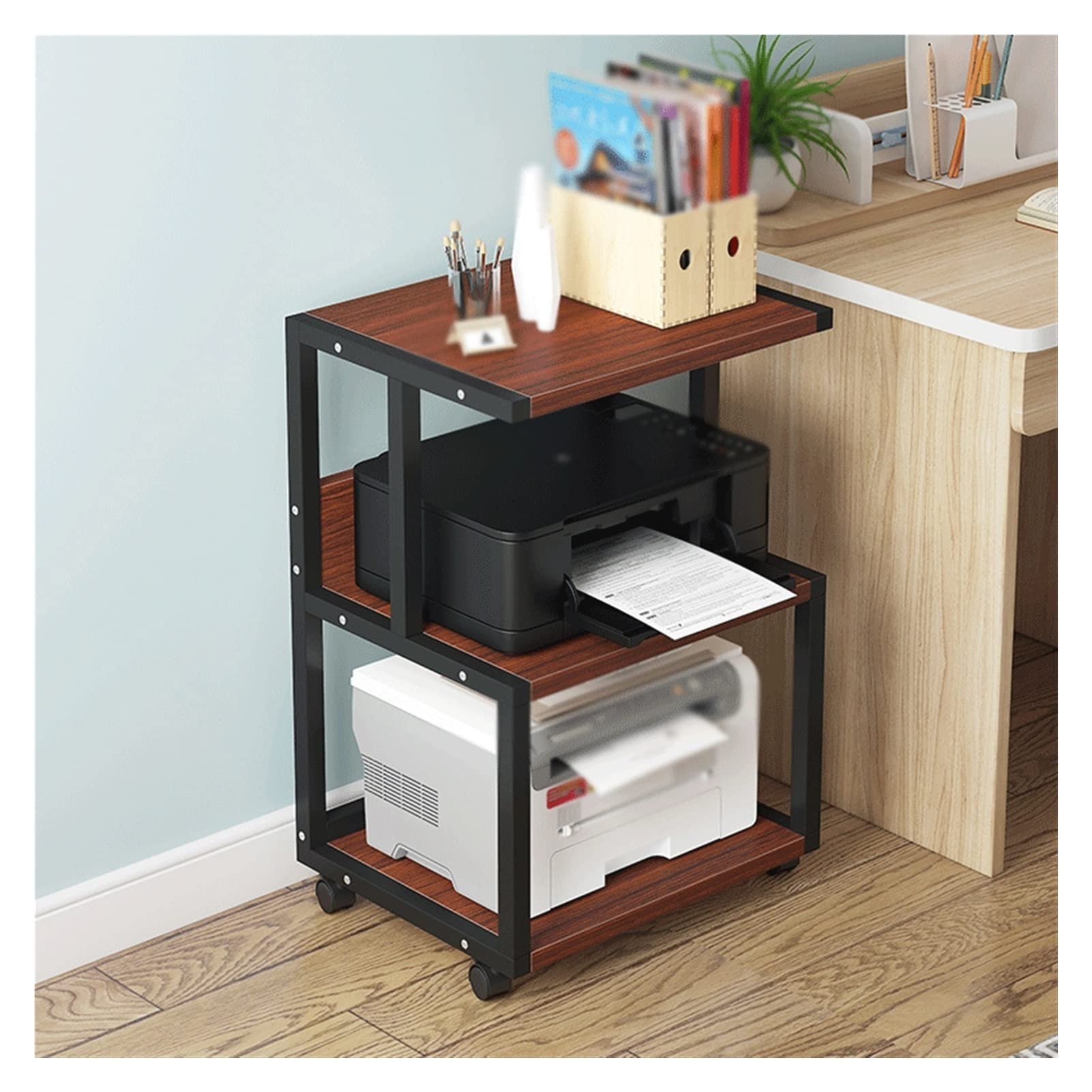 3-Tier Heavy Duty Printer Stand with Wheels - Adjustable Floor Standing Fax Machine Shelf for Office & Home, Durable Copier Organizer with Removable Shelves - Perfect for Workspace Storage & Organization (Color: D)