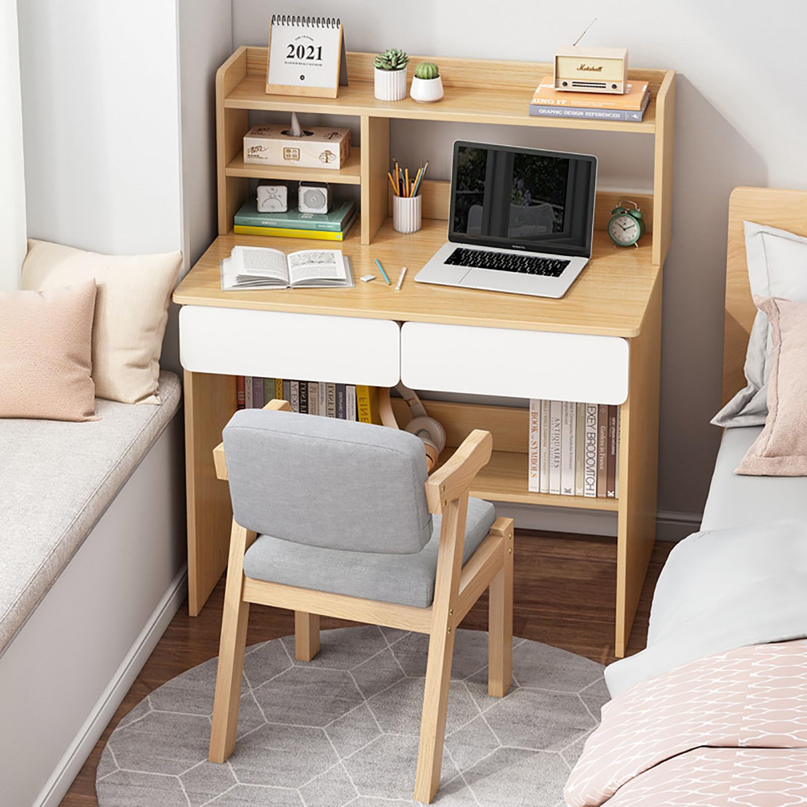Modern Oak Computer Desk with Drawer & Keyboard Tray - 60x48x109cm Home Office Desk with Hutch & Storage Shelves - Space-Saving Study Writing Table for Small Rooms - Perfect for Remote Work, Gaming & Online Learning