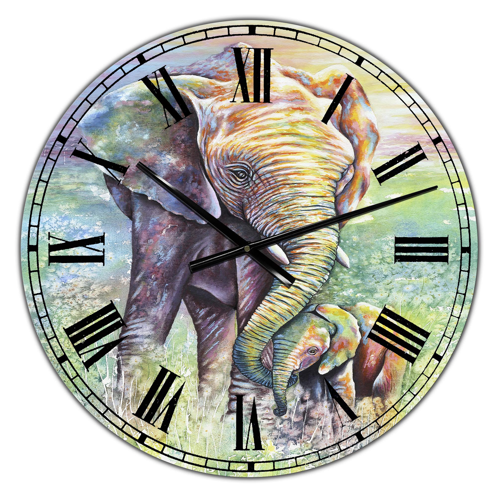Designart Mother & Baby Elephant Rainbow Wall Clock - Round Metal Wall Art Decor for Living Room, Bedroom, Nursery & Office | Perfect for Home Decor & Gift Giving