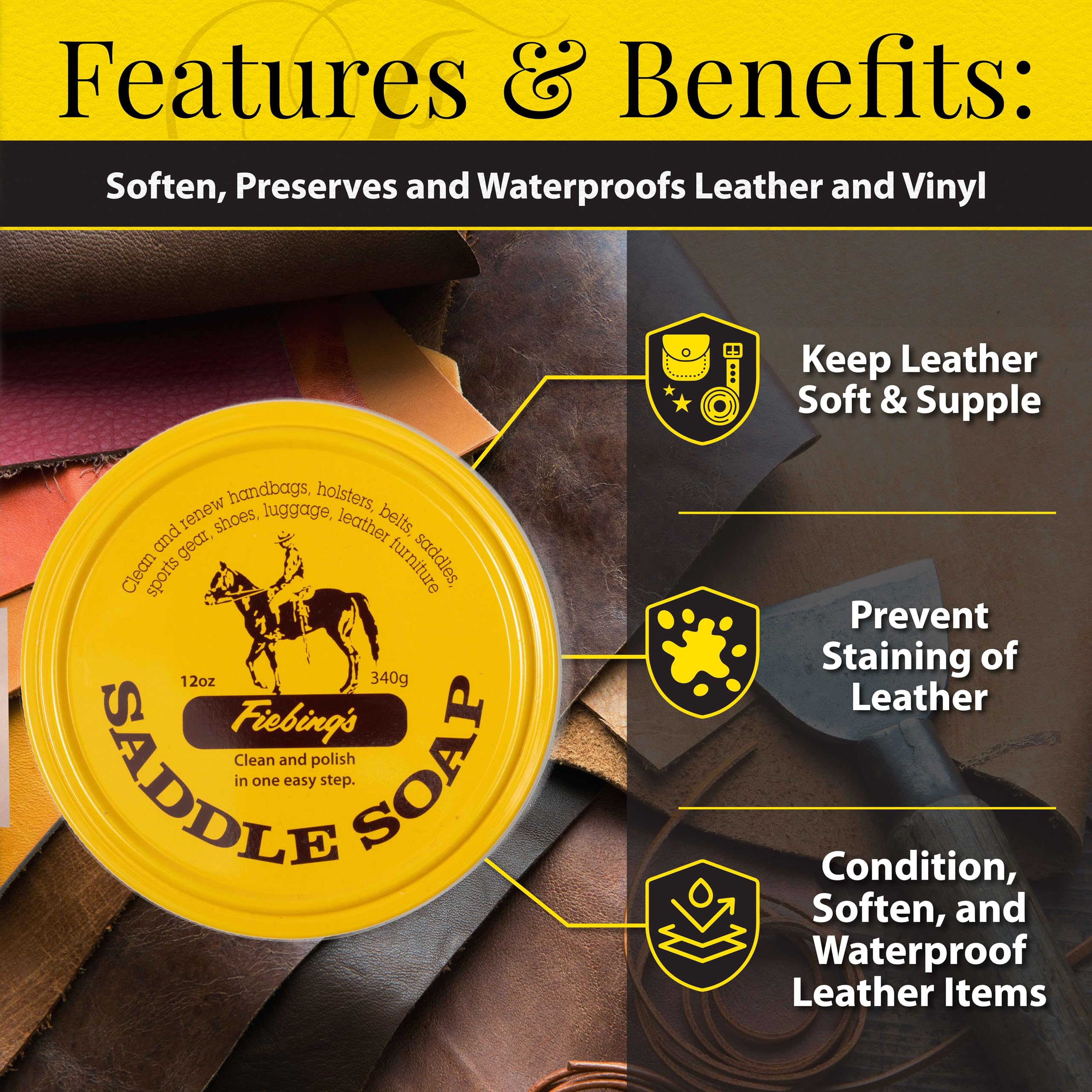 Fiebing's Yellow Saddle Soap for Leather (2 Pack, 12 oz Each) - Premium Leather Cleaner & Conditioner to Soften, Protect & Restore Leather Items - Ideal for Car Seats, Couches, Shoes, Boots, Bags & Purses - Perfect for Leathercraft, Auto Detailing & Home Care