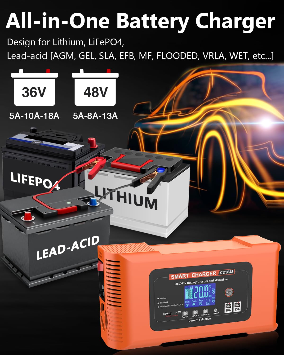 48V 13A & 36V 18A Golf Cart Battery Charger for Club Car with 3-Pin Round Plug - Compatible with Lithium, LiFePO4, Lead-Acid AGM/Gel/SLA Batteries - Ideal for Golf Carts, Trucks, Motorcycles, Lawn Mowers & Marine Boats