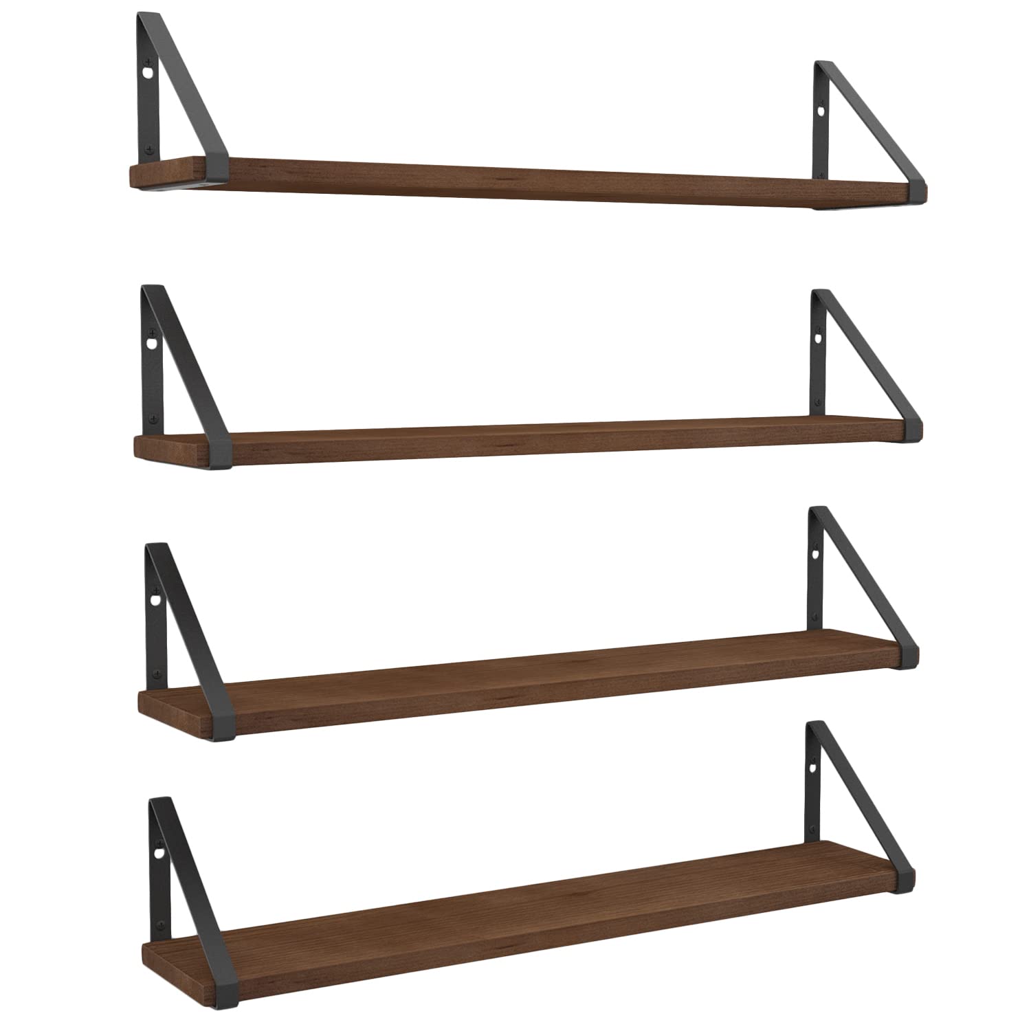 Wallniture Ponza Floating Shelves 24 Inch - Rustic Wood Wall Shelves for Bedroom, Living Room, Kitchen - Set of 4 Walnut Floating Shelves for Home Decor, Books, Plants & Storage