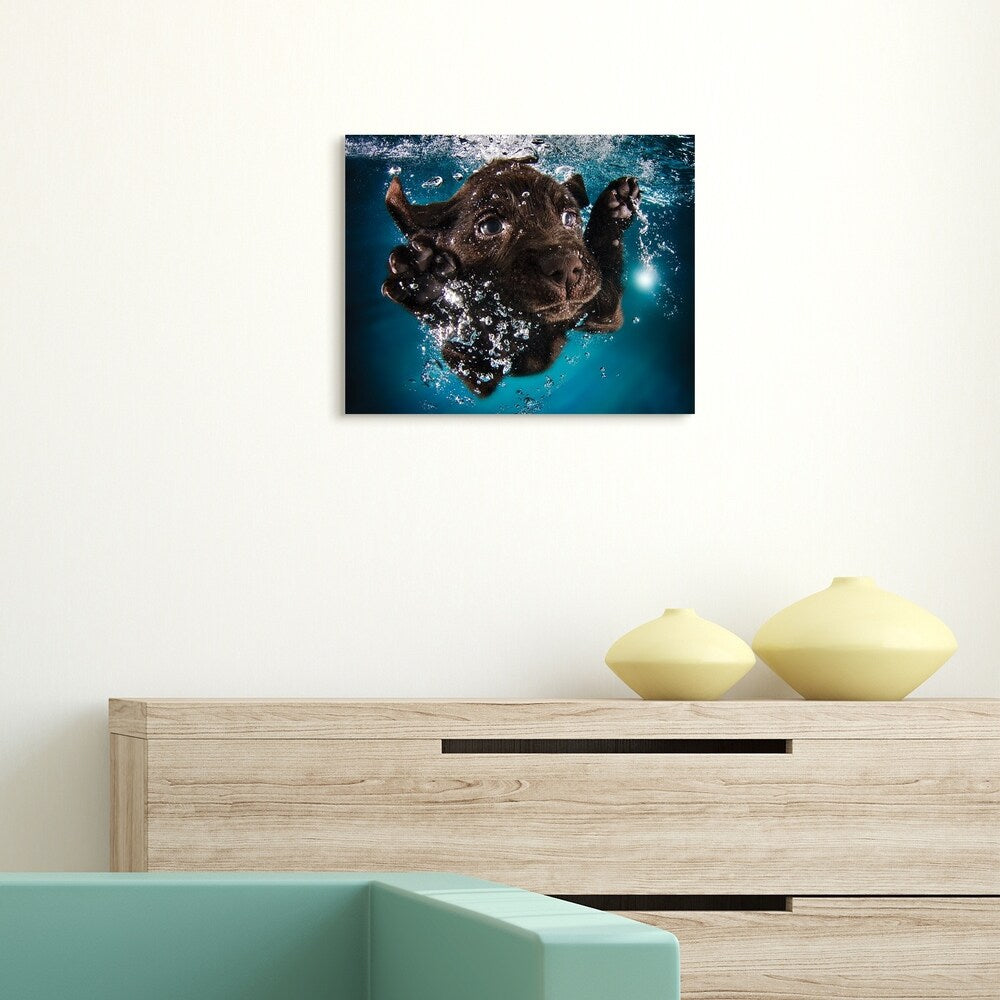 Black Lab Dog Wall Art - Frameless Free Floating Tempered Glass Panel in Blue & Brown - Perfect for Living Room, Bedroom, or Office Decor