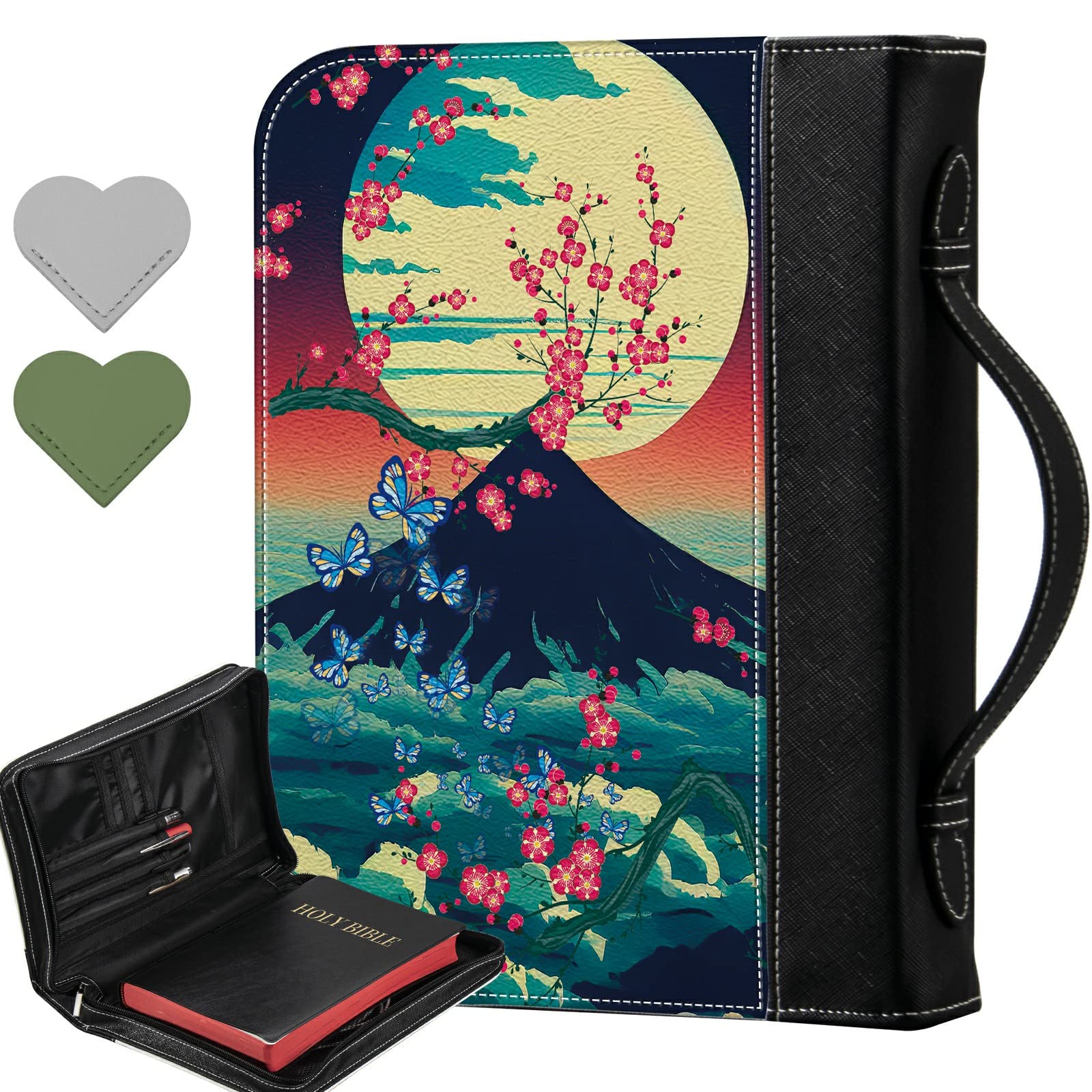 Landscape Sakura Bible Cover with 2 Heart Corner Page Bookmarks - Large Zippered Bible Protector Case with Handle, Inner Pockets & Tote Bag - Perfect Christian Gift for Men & Women - Ideal for Church, Bible Study & Travel