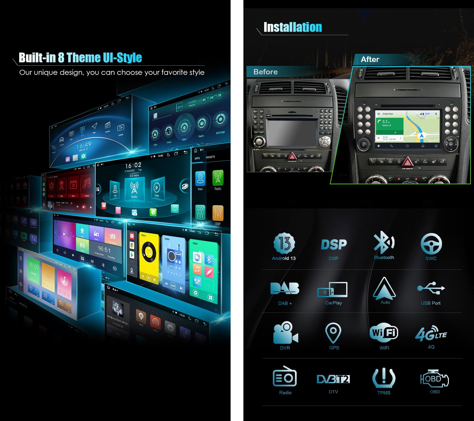 8-Core Android 13 Car Stereo with GPS Navigation for Mercedes-Benz SLK Class R171 (SLK200/SLK280) - Apple CarPlay, DSP, Bluetooth 5.0, WiFi, DAB+, DVB-T2, 64GB ROM - Perfect for Road Trips & Daily Commuting