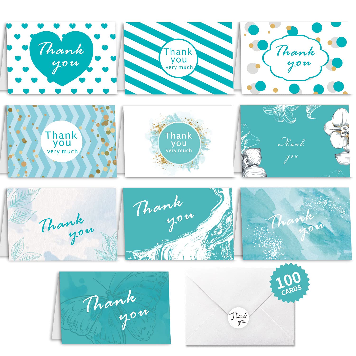 Hotcinfin 100-Pack Thank You Cards Set - Bulk Assorted Blank Greeting Cards with Envelopes & Stickers, Watercolor Sympathy Note Cards for Business, Wedding, Baby Shower, Funeral - Perfect for Thank You Notes, Condolences & Special Occasions