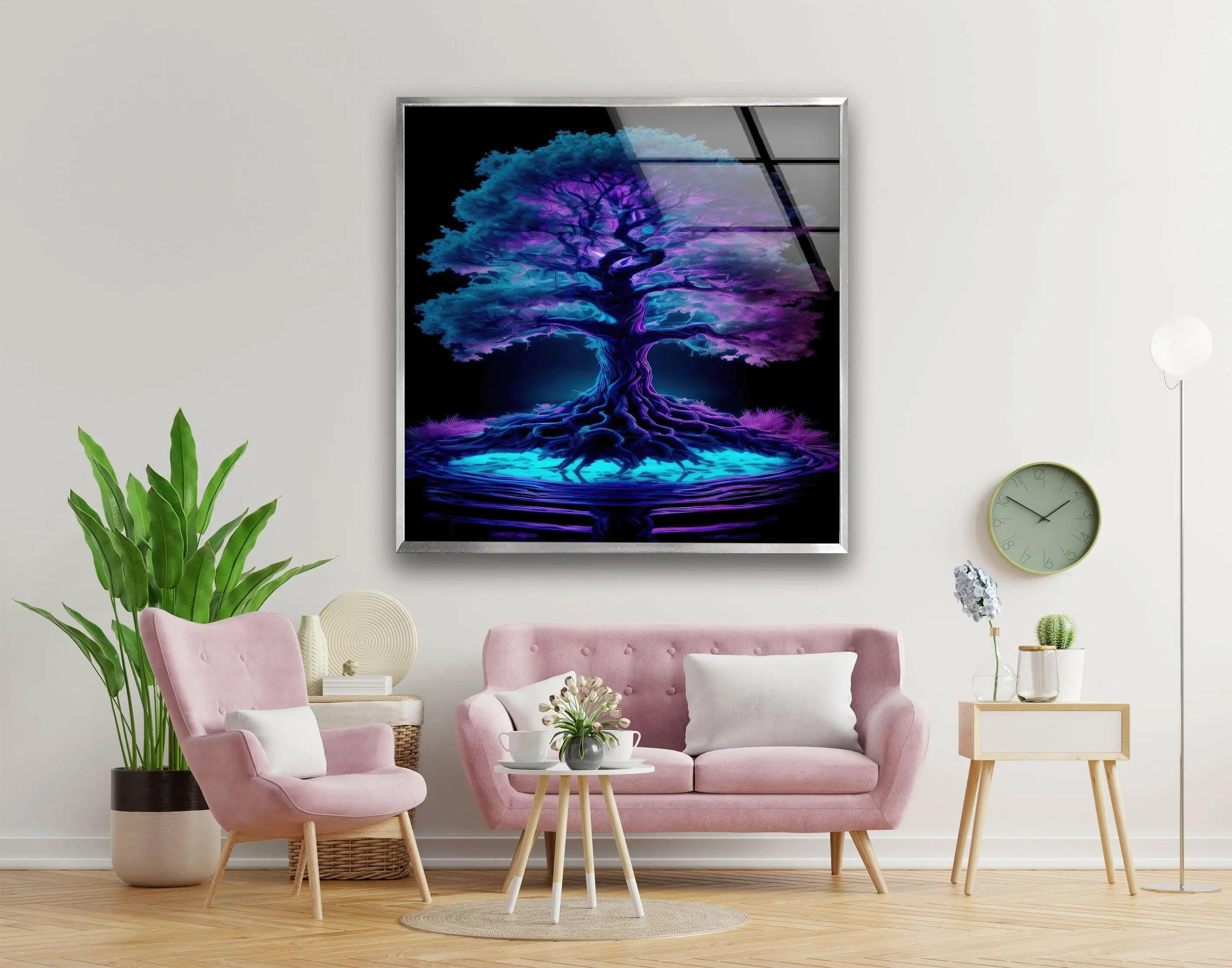 Handmade Blue Purple Tree Stained Glass Wall Art - Nature Inspired Sun Catcher Window Decor for Living Room, Bedroom & Office
