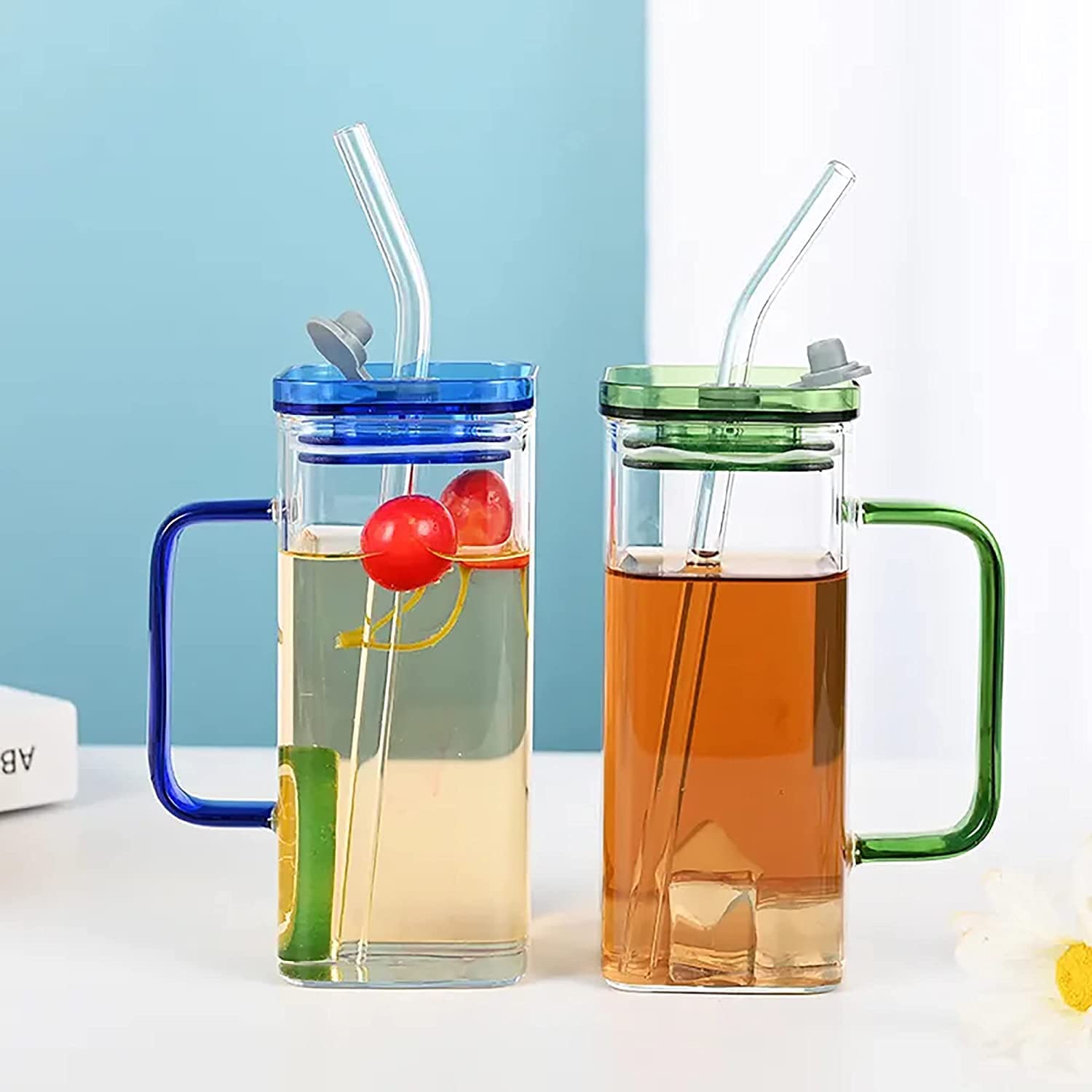 KEXES 350ml Square Cocktail Glasses with Lids & Straws - Set of 1 Premium Beer Mug, Iced Coffee & Soda Can Glassware - Perfect for Home Bars, Parties, and Summer Drinks