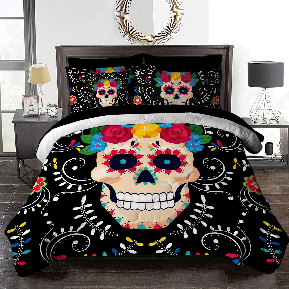 BlessLiving Black Skull Comforter Set - 8 Piece Sugar Skull Bedding with Comforter, Sheets, Pillowcases & Shams | Full Size Hippie Bohemian Floral Skull Print | Modern Gothic Bedroom Decor for Teens & Adults