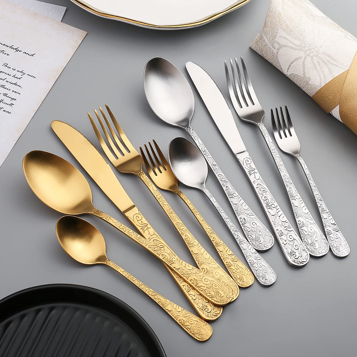 40-Piece Stainless Steel Silverware Set for 8 - Modern Flatware Set with Knives, Forks, Spoons & Teaspoons - Mirror Polished & Dishwasher Safe - Elegant Dinnerware for Home, Restaurant & Party Use