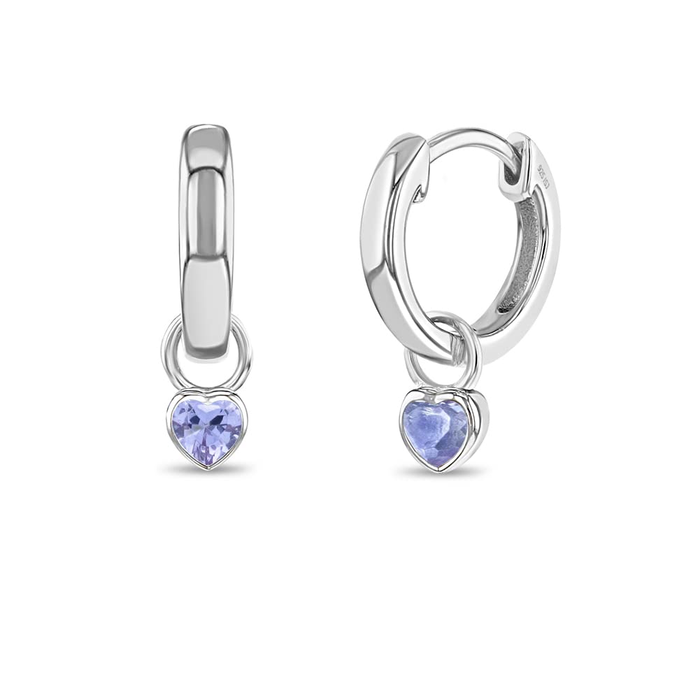 925 Sterling Silver Petite Simulated Birthstone Heart Charm Hoop Earrings for Girls 12mm - Cubic Zirconia Stud Earrings - Dainty Heart Jewelry for Teens & Young Women - Perfect Gift for Birthdays, Valentine's Day & Everyday Wear