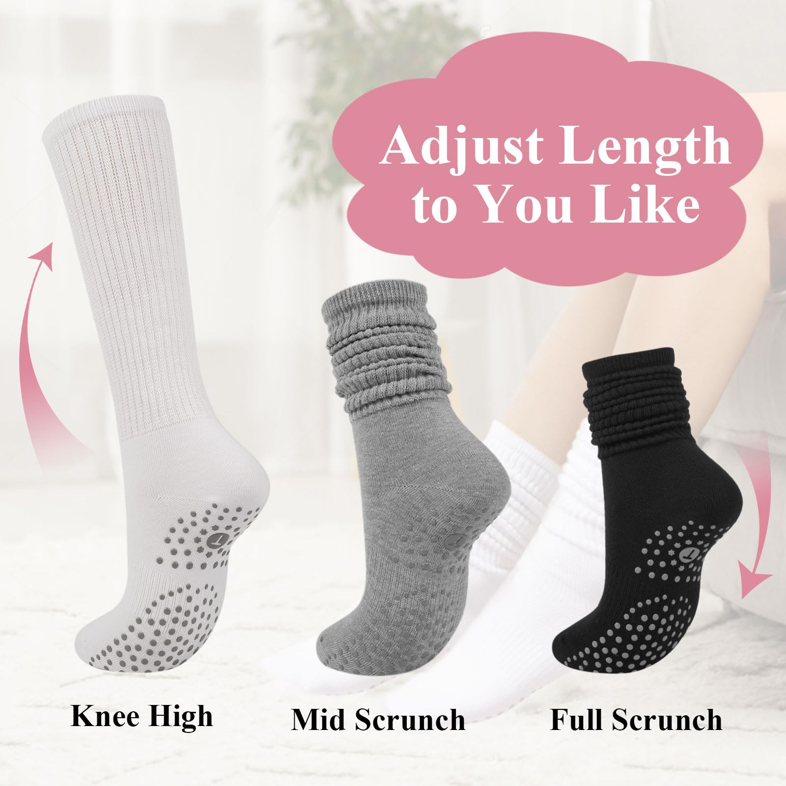 Grip Pilates Socks for Women - Non-Slip Yoga Socks with Toe Separators for Barre, Workout, Hospital, and Home Use - Long Scrunch Slipper Socks for Comfort and Safety