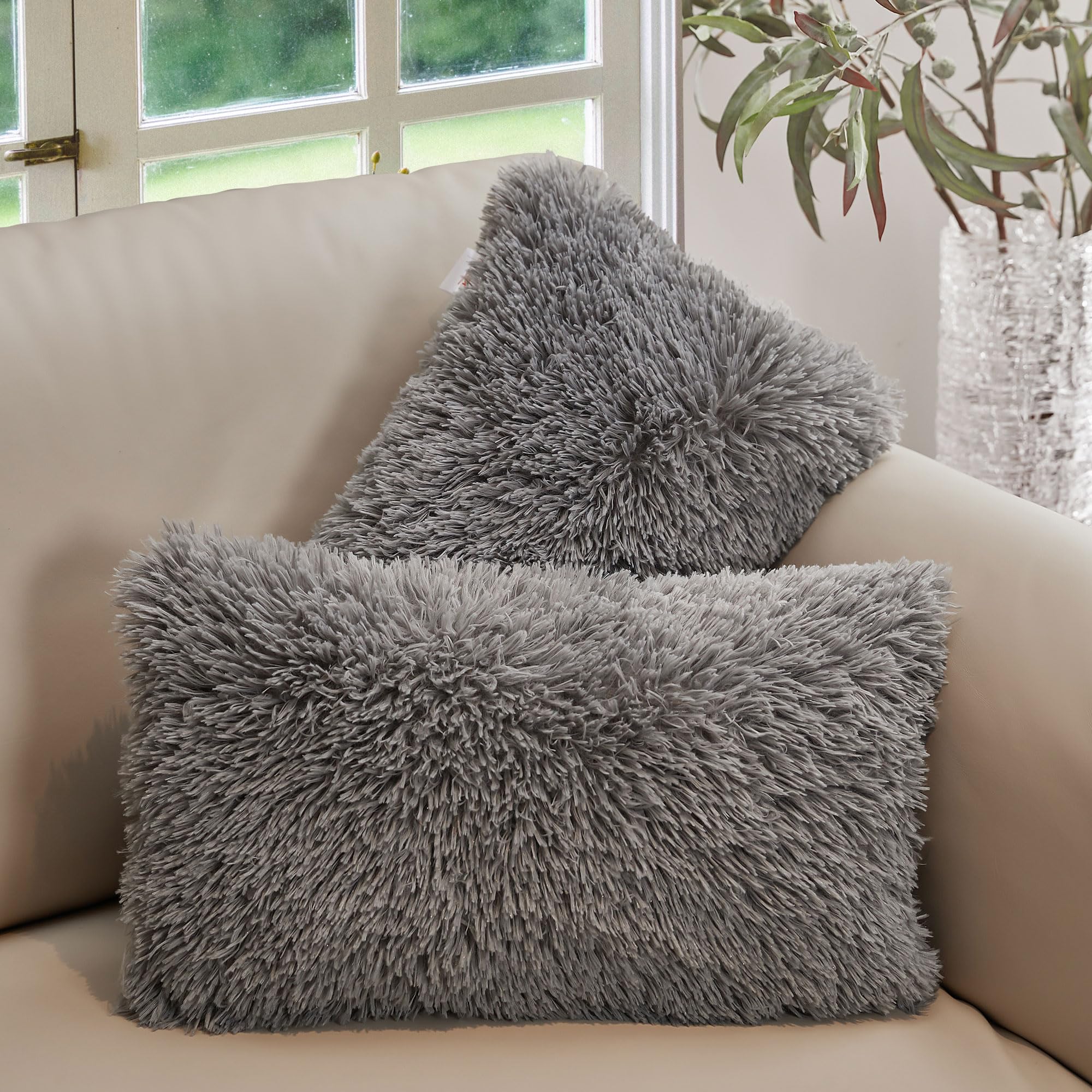 Soft Shaggy Throw Pillows for Couch & Bed - Set of 2 (12x20 Inches) with Inserts - Cozy Long Hair Faux Fur Decorative Pillows in Silver Gray - Perfect for Living Room, Bedroom & Home Decor