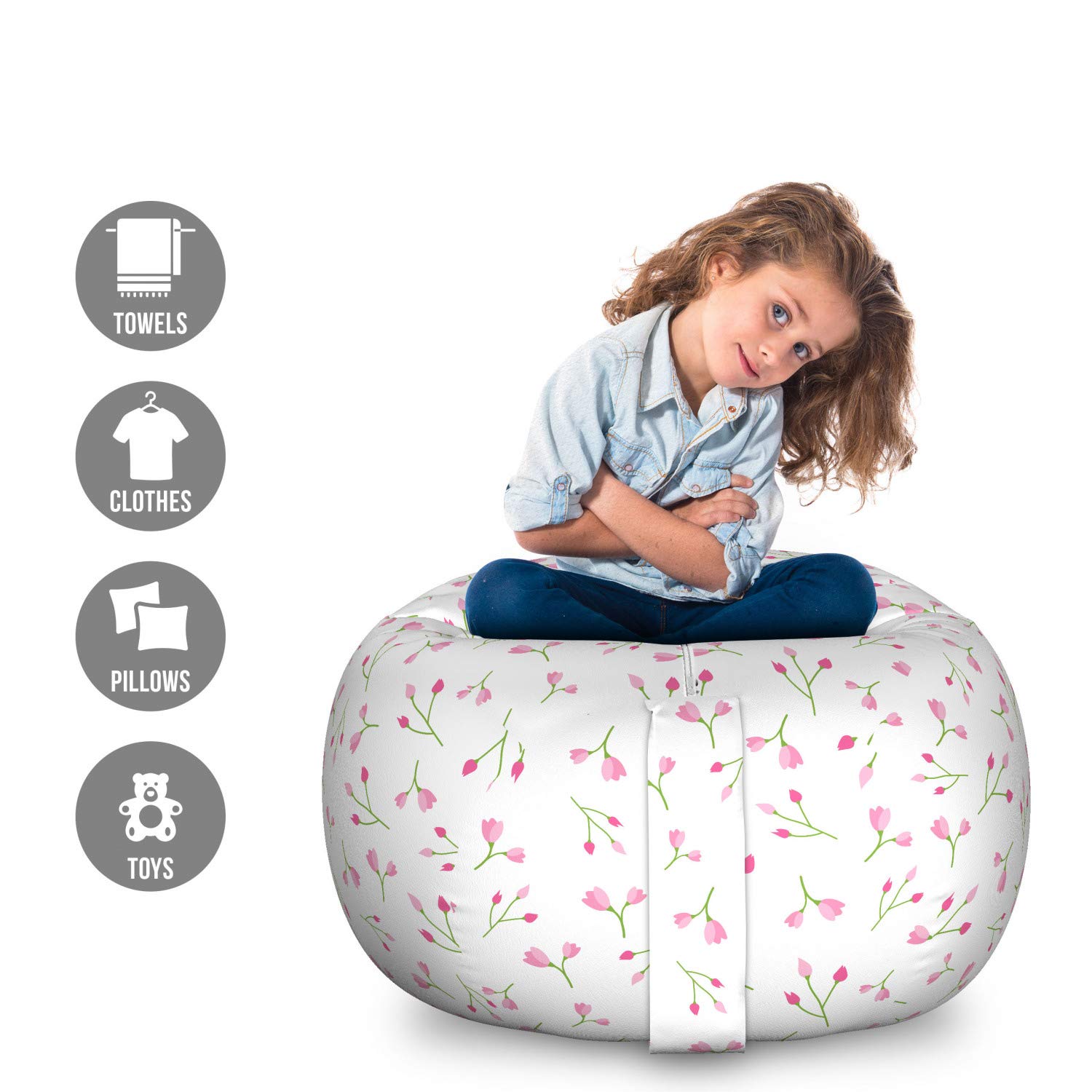 Ambesonne Floral Storage Toy Bag Chair - Large Washable Stuffed Animal Organizer with Tulip & Botanical Pattern in Pale Pink & Green | Kids Room Decor, Nursery Storage, Playroom Organization