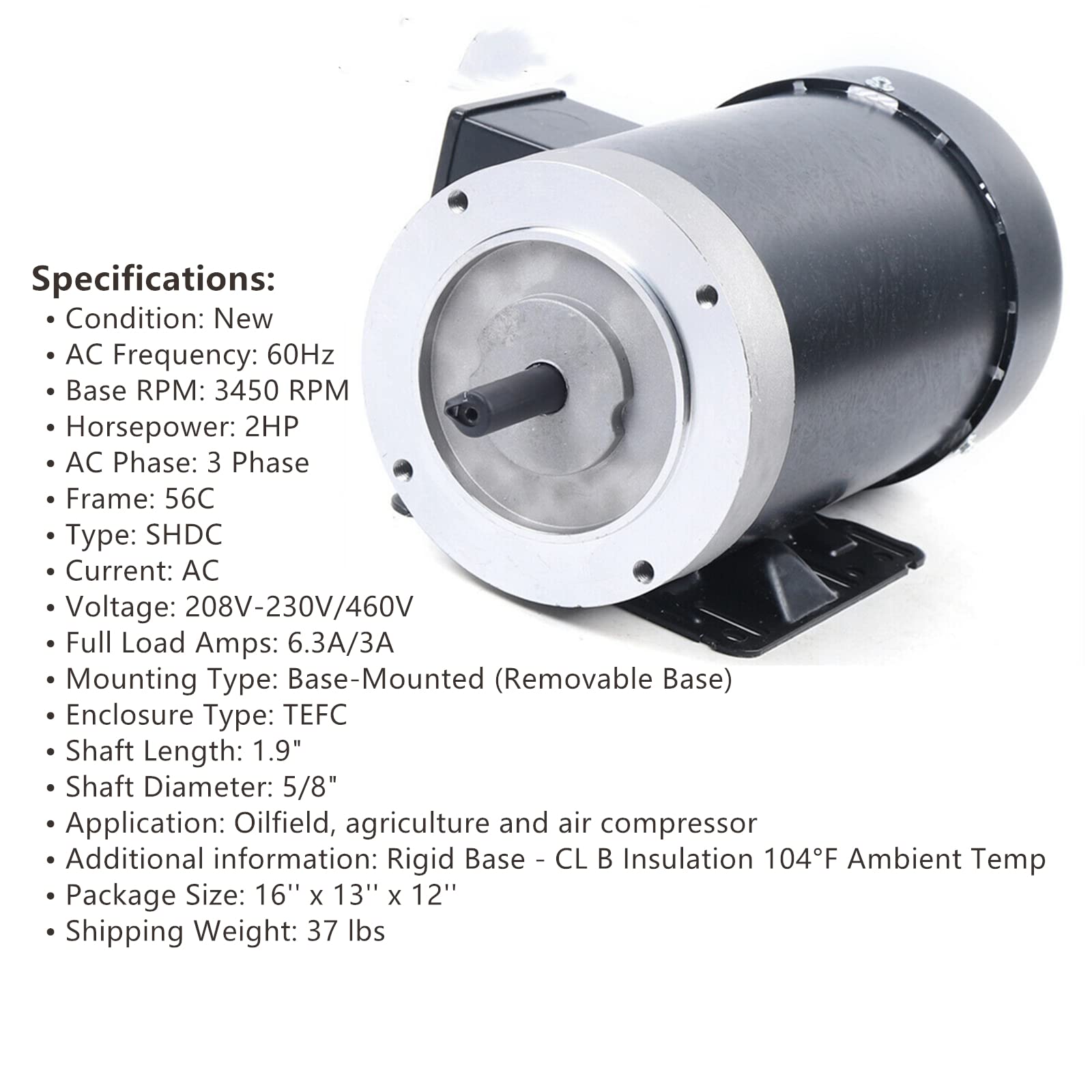2HP 3 Phase Electric Motor 208V-230V/460V AC Motor, 56C Frame 3450 RPM TEFC 5/8