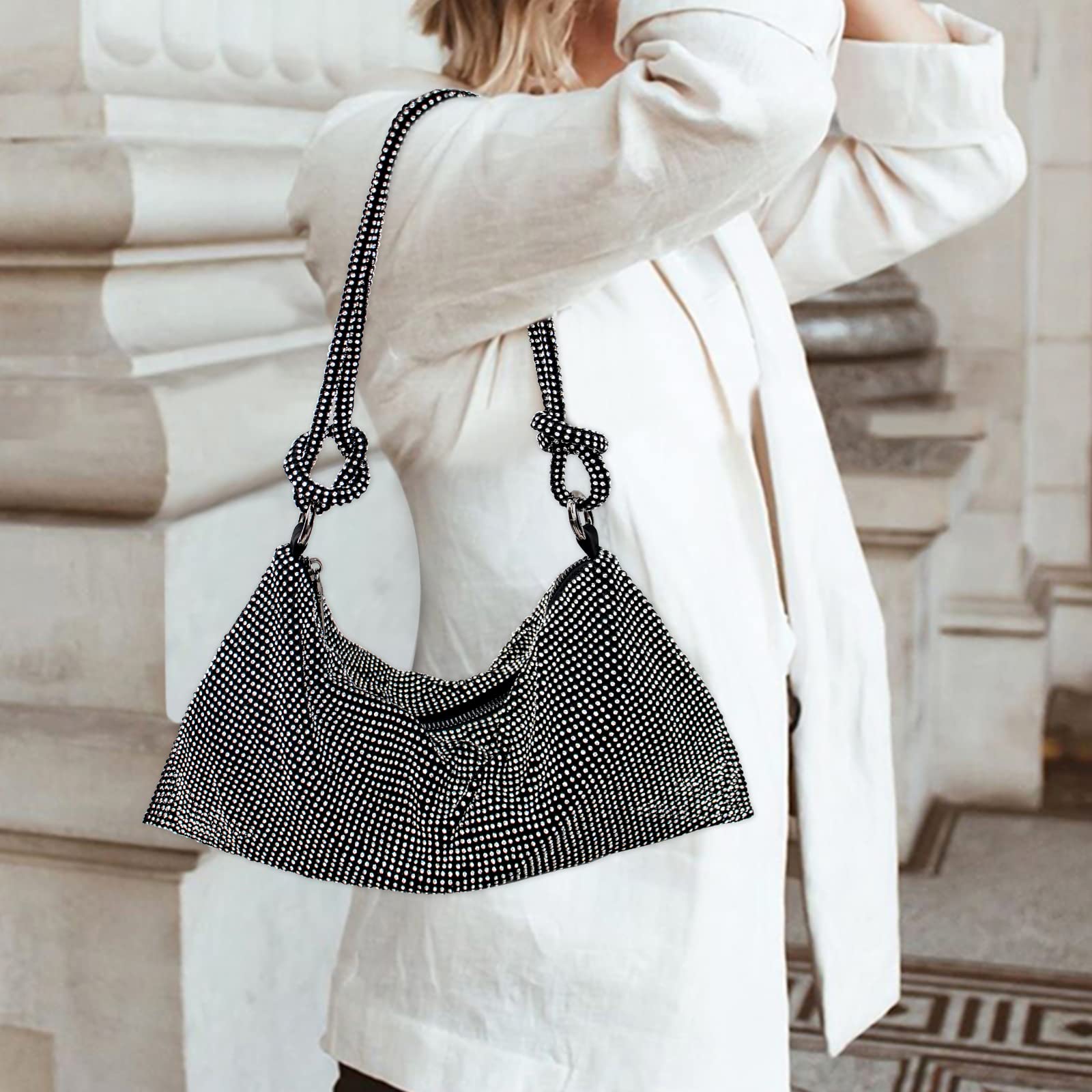 Sparkly Rhinestone Hobo Purse for Women - Elegant Silver & Black Evening Bag for Prom, Party, Wedding | Perfect for Formal Events, Night Out, Special Occasions