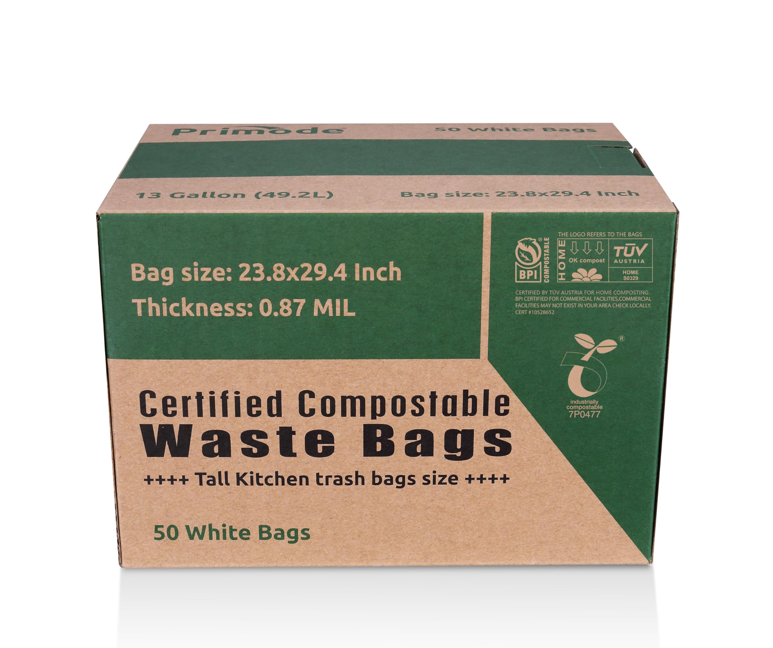 Primode 13 Gallon Compostable Trash Bags - 50 Count, Extra Thick 0.87 Mil Kitchen Waste Bags for Food Scraps & Yard Waste | ASTM D6400 Certified, BPI & TÜV Austria Approved | Ideal for Eco-Friendly Kitchen, Garden & Compost Bin Use