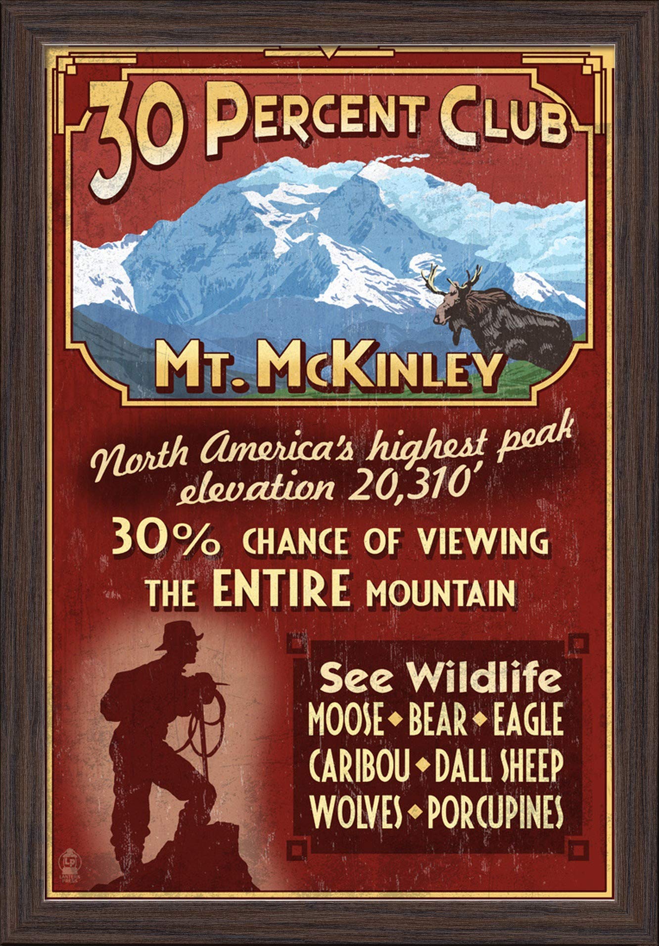 Vintage Mount McKinley Alaska 30% Club Sign - 16x24 Giclee Fine Art Print with Recycled Wood Frame in Espresso Brown - Perfect for Cabin Decor, Man Cave, or Rustic Home Office