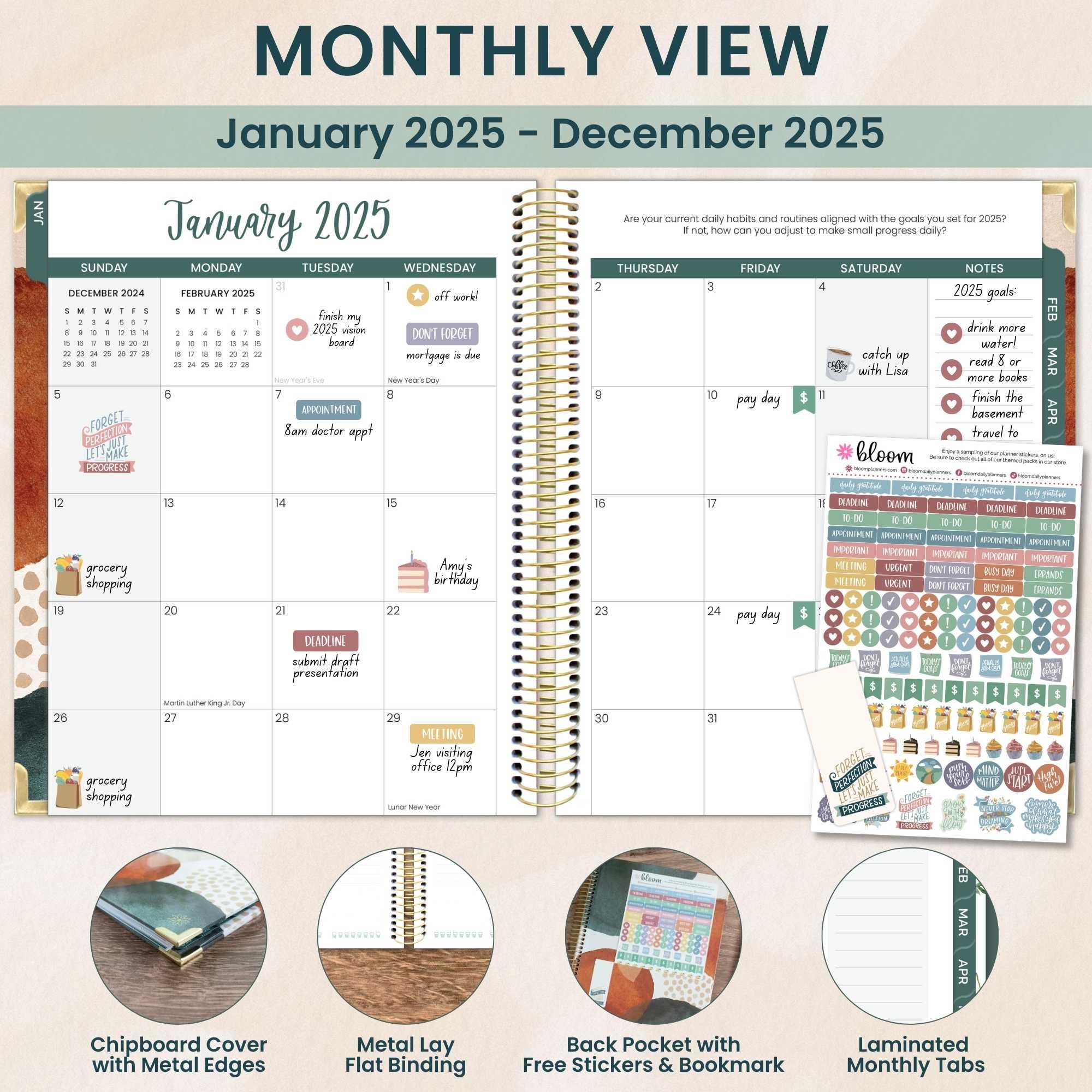 Bloom 2025 Daily Planner - Hardcover Goal & Vision Calendar (Jan-Dec 2025) with Monthly/Weekly Views - 7.5