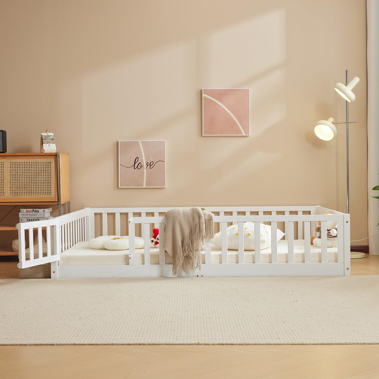 Montessori Toddler Floor Bed with Safety Door & Fence - Solid Wood Queen Bed Frame for Kids, 12 Slats & Guardrails - Perfect for Girls & Boys Bedroom (White) | Safe Sleep Solution for Montessori & Daycare Use