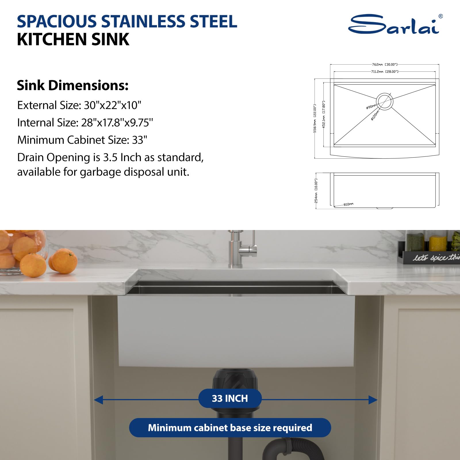 Sarlai 30 Inch Farmhouse Kitchen Sink - 16 Gauge Stainless Steel Single Bowl Apron Front Sink with Ledge Workstation (30