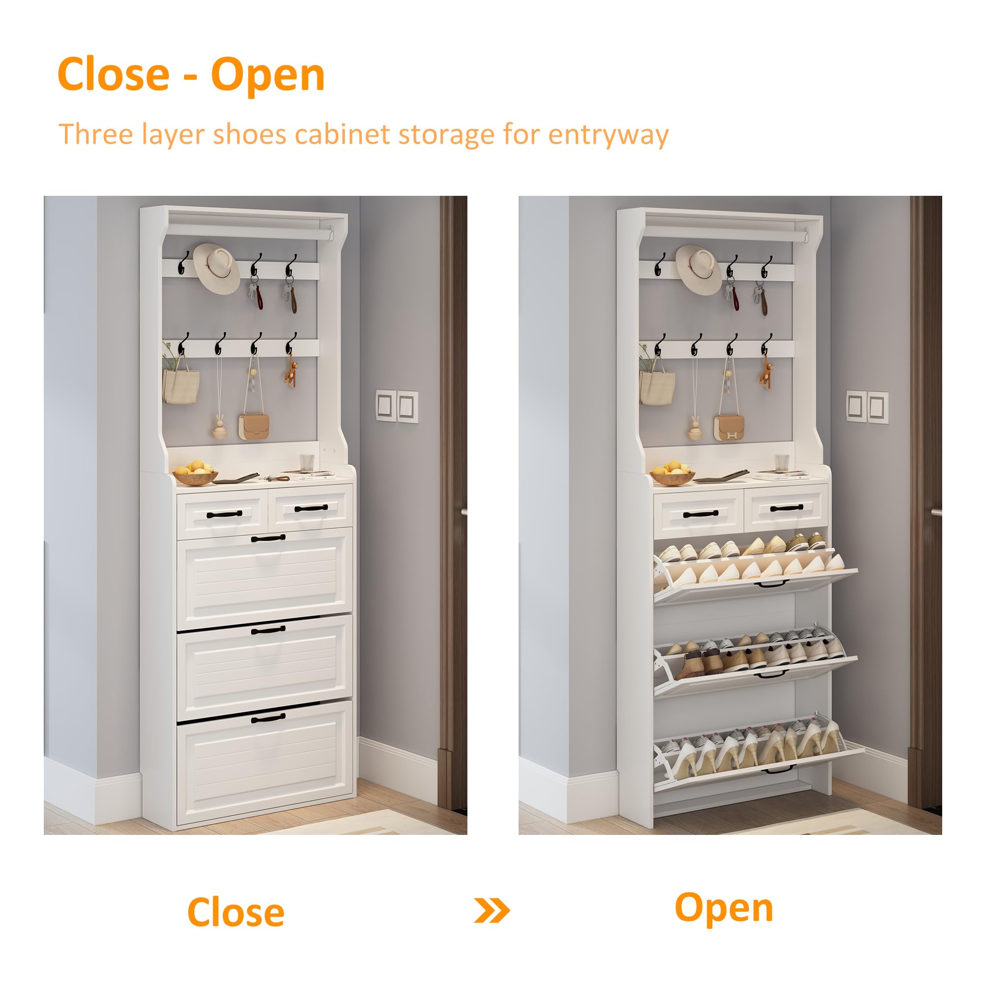 Olela Slim Shoe Cabinet for Entryway - Narrow Hidden Shoe Rack Organizer with Open Shelves, 8 Hooks & 3 Flip Drawers - Freestanding Storage for Hallway, Closet or Bedroom - Perfect for Small Spaces & Apartment Living
