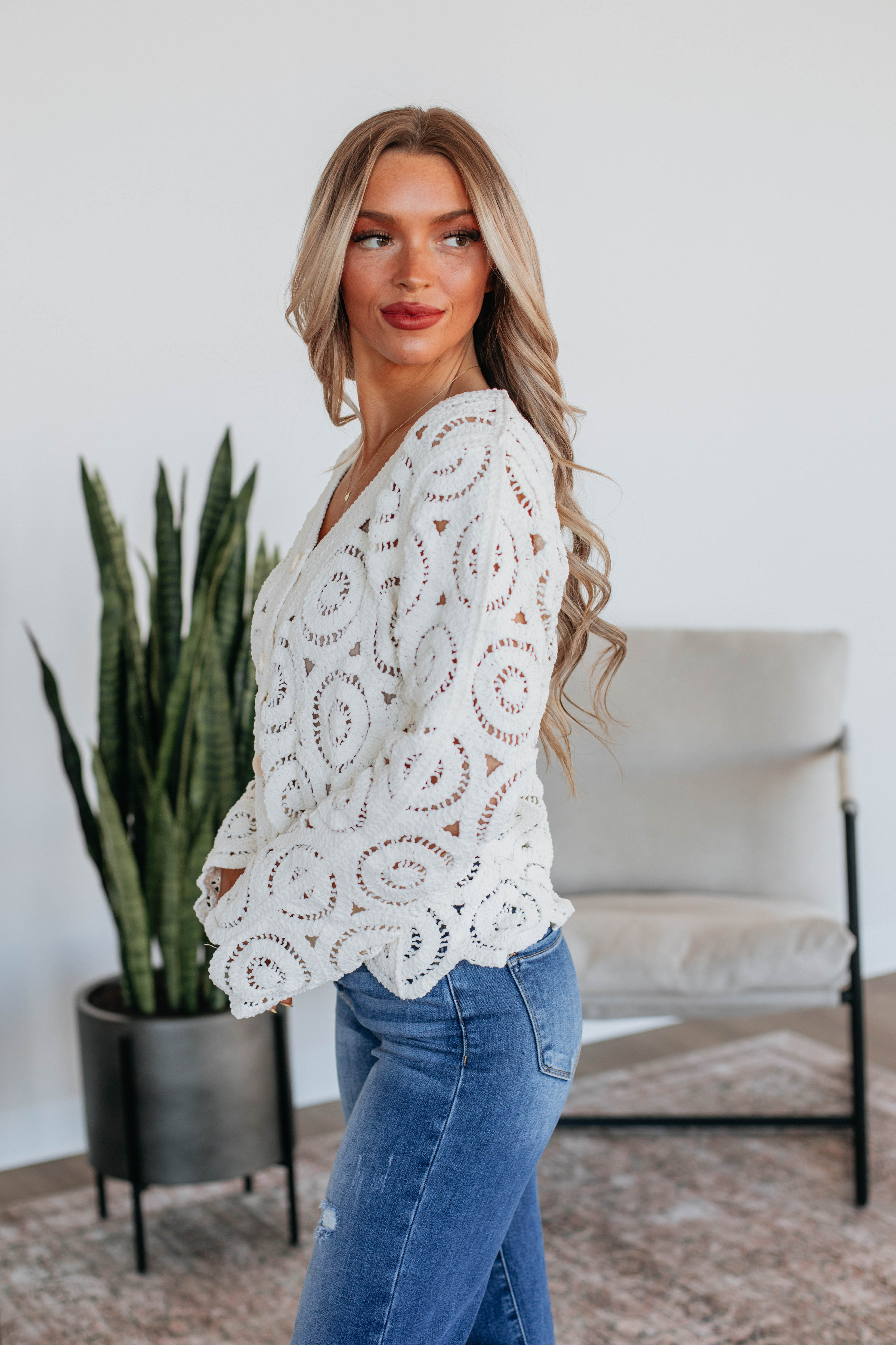 Gwenette Crochet Cardigan Women's Lightweight Open Front Sweater - Cream Beige Knit Wrap Cover Up for Spring, Fall & Cozy Home Wear