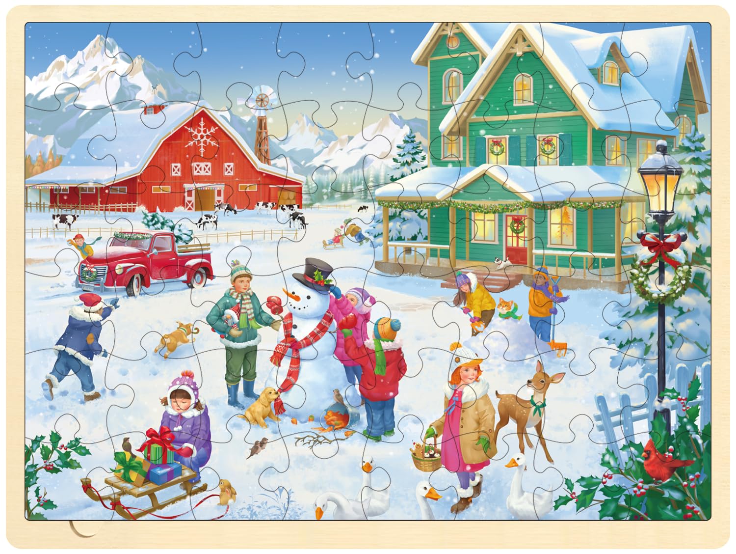 48-Piece Christmas Wooden Jigsaw Puzzle for Kids Ages 3-5 | Winter Holiday Snowy Farm Puzzle with Storage Tray | Educational Toddler Toys for Ages 4-8 | Perfect for Family Game Night & Preschool Learning Activities