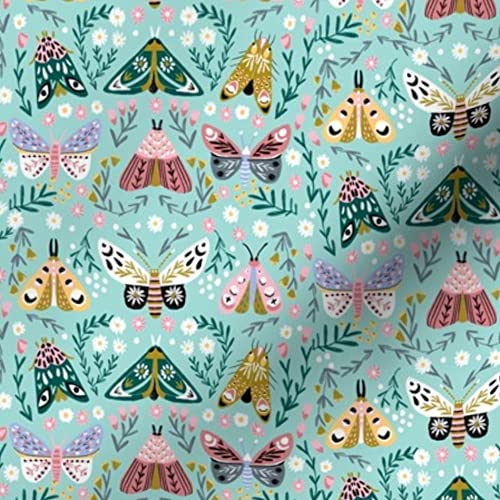 Spring Floral Aqua Butterflies Printed Organic Cotton Sateen Fabric by The Yard - Easter Whimsical Feminine Mint Design for Sewing, Quilting, Apparel & Home Decor | Perfect for DIY Dresses, Curtains and Table Runners
