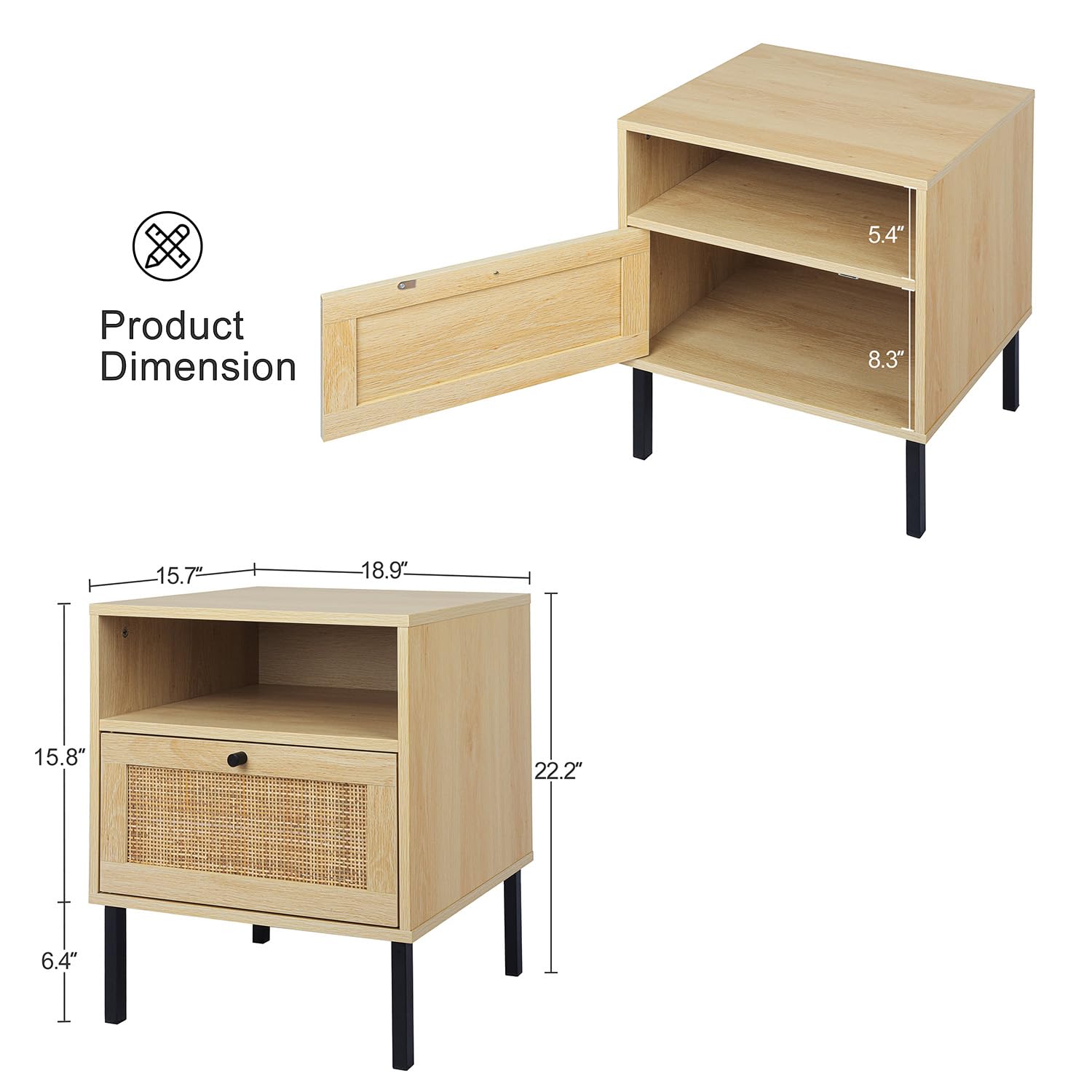 Rattan Nightstands Set of 2 - Boho Bedside Tables with 1 Door & Open Shelf, Natural Wood End Tables with Metal Legs - Perfect for Bedroom, Living Room, or Guest Room Decor