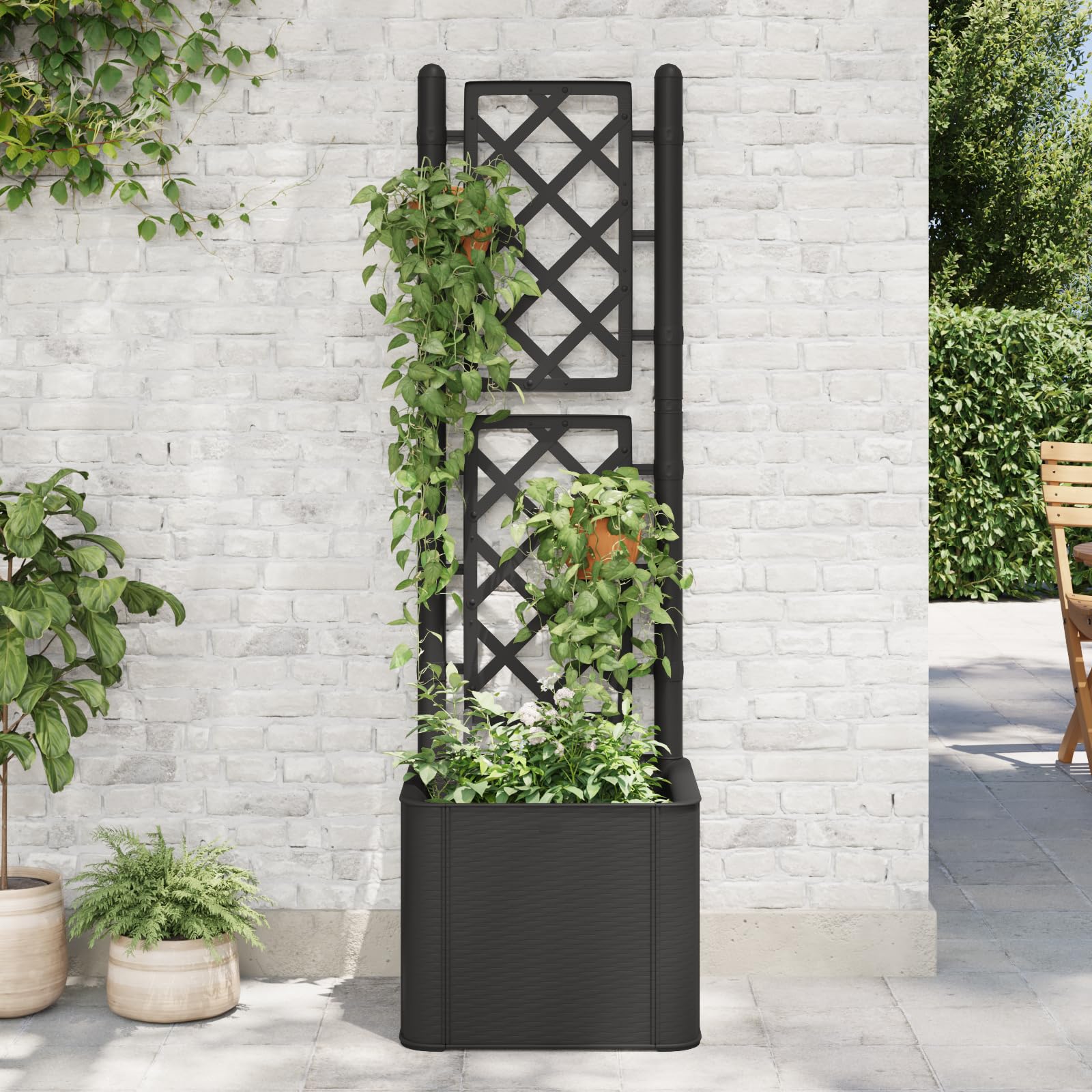 vidaXL Raised Garden Bed with Trellis - Self Watering Planter with Water Level Indicator for Flowers, Vegetables & Plants - Durable PP Material in Anthracite - Perfect for Indoor & Outdoor Gardening, Patio, Balcony & Backyard
