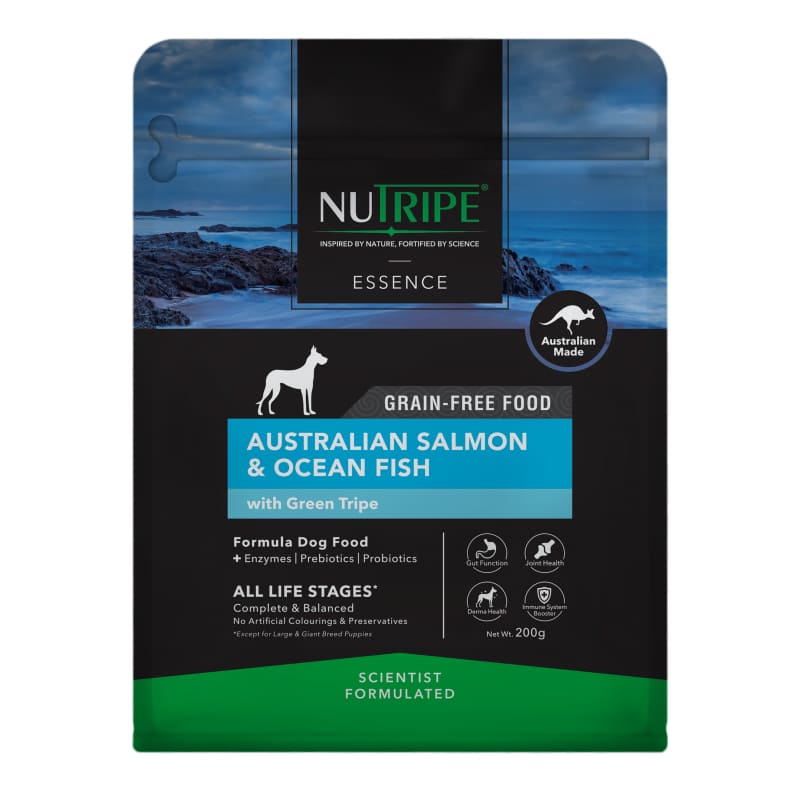 Nutripe Essence Australian Salmon & Ocean Fish With Green Tripe Dry Dog Food - High Protein Grain-Free Formula for Adult Dogs - 200g Trial Bag - Perfect for Travel & Training Treats