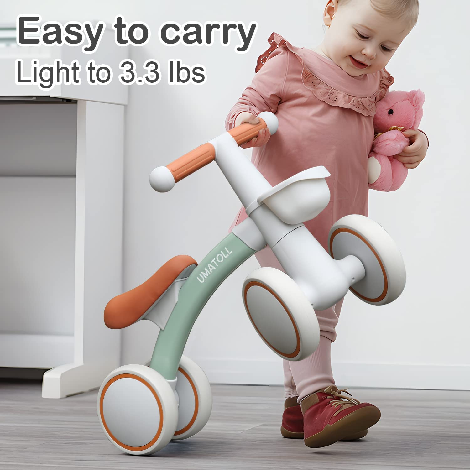 Umatoll Baby Balance Bike for 1-2 Year Olds | Adjustable Seat 4-Wheel Toddler Bike with Removable Basket | First Birthday Gift for Boys & Girls | Perfect for Indoor Play & Outdoor Learning to Ride | Green