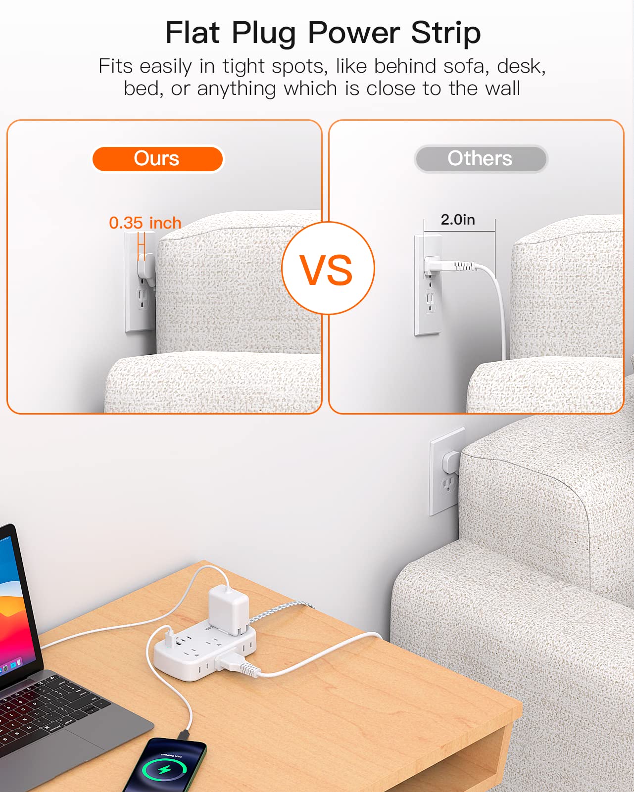 5FT Flat Plug Extension Cord with 6 Outlets & 4 USB Ports (2 USB C) - Cruise Ship, Dorm Room Travel Essentials - Perfect for Charging Multiple Devices On The Go