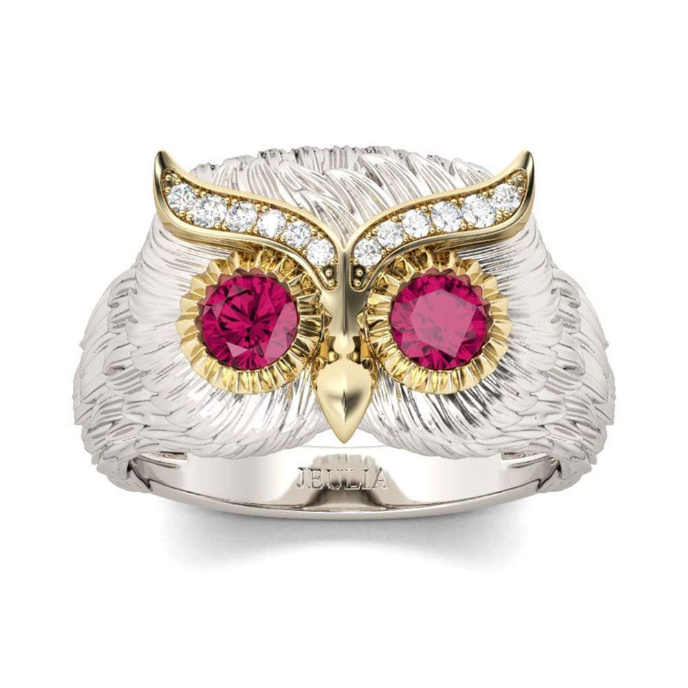 Jeulia 2 Carat Owl Ring for Women - 925 Sterling Silver Round Cut Feather Engagement Ring with Ruby Owl Eye & CZ Solitaire - Wedding, Promise, Anniversary Jewelry Gift - Perfect for Romantic Proposals, Bridal Jewelry & Special Occasions